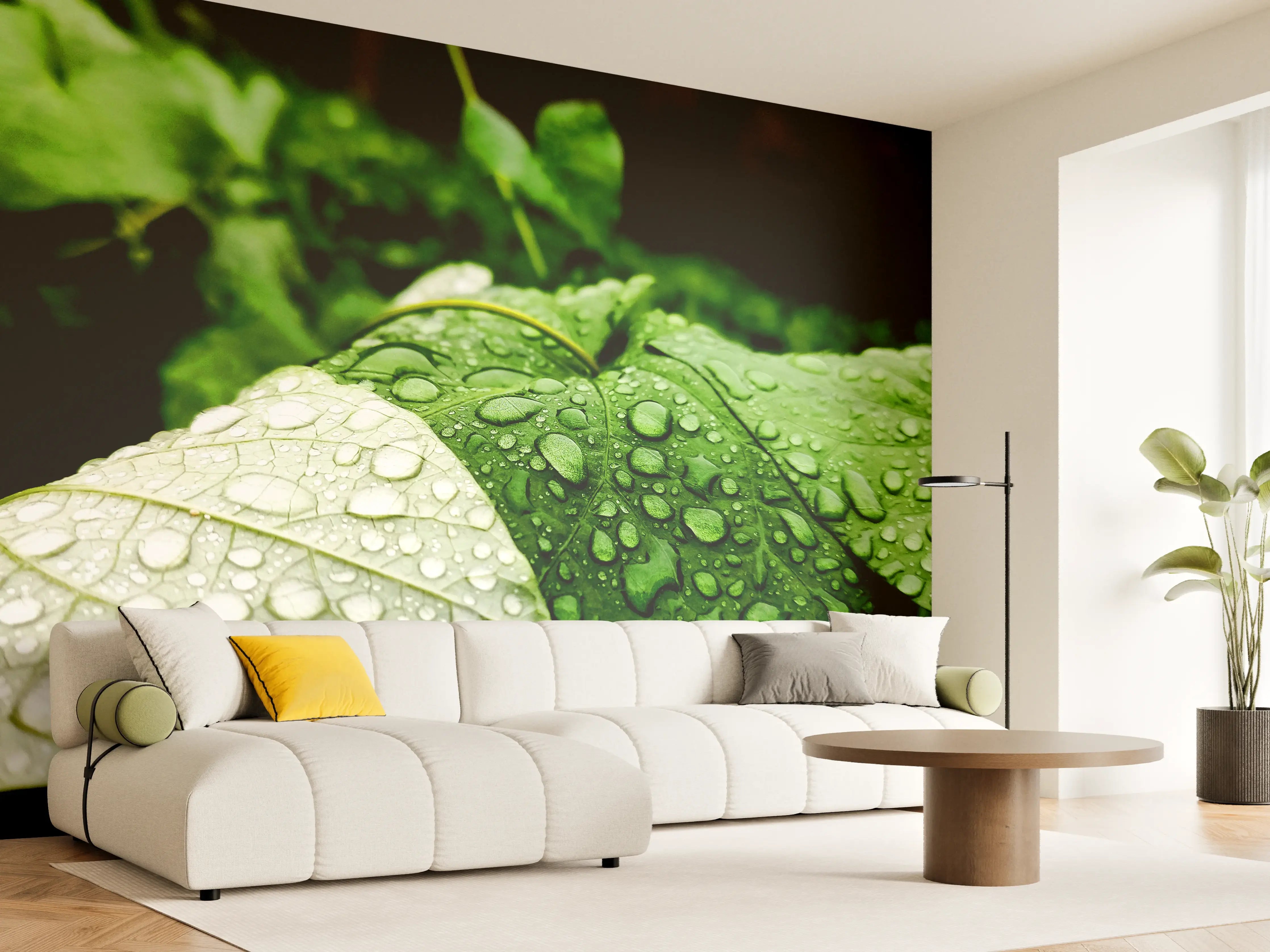 Wandverkleidung Wohnzimmer - Wassertropfen auf einem Blatt