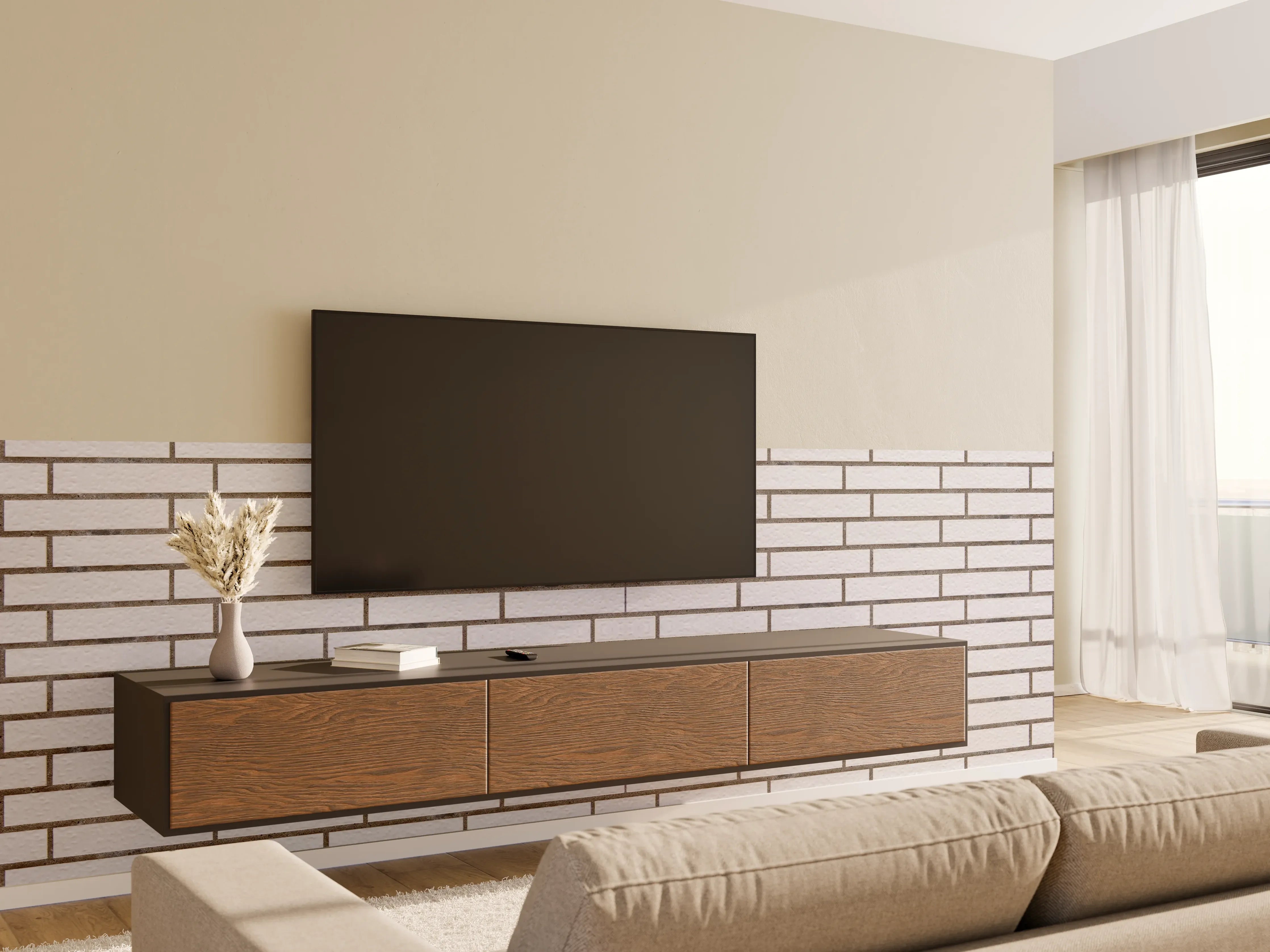 Wandverkleidung Wohnzimmer - Weiß-Brauner Backsteinmauer