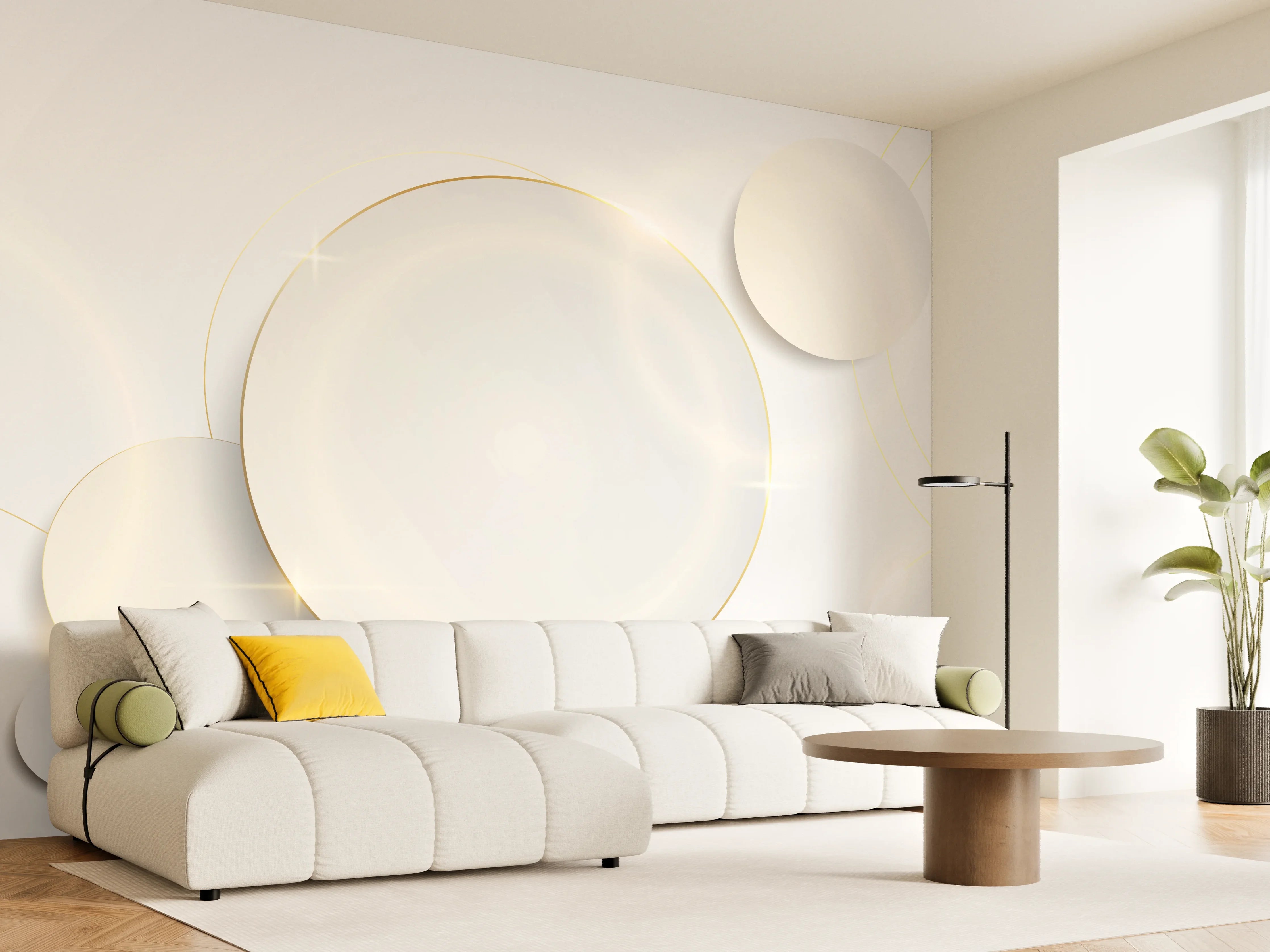 Wandverkleidung Wohnzimmer - Weiß-Goldene Abstrakte Formen