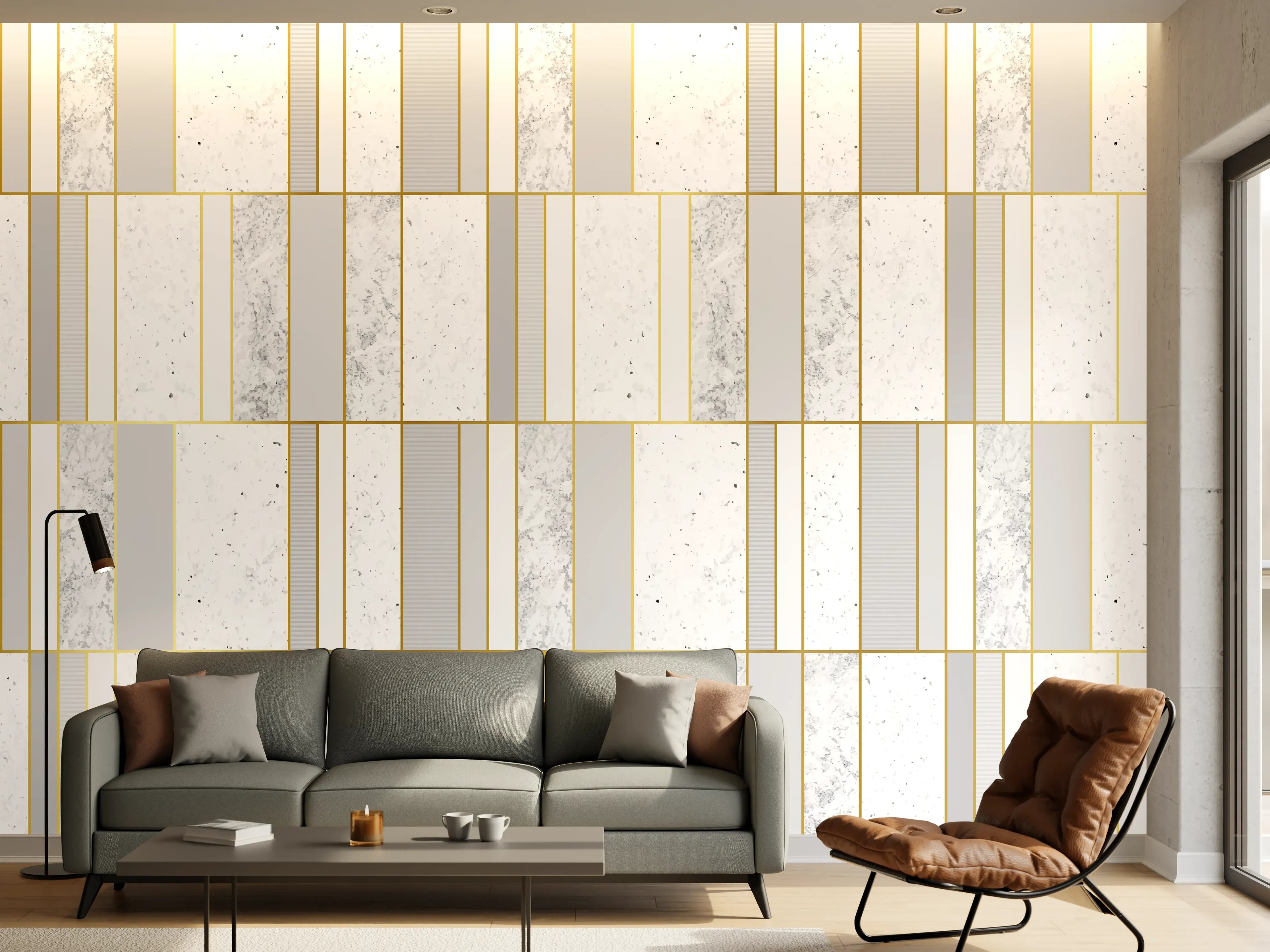 Wandverkleidung Wohnzimmer - Weiß-Goldene Marmoroptik Fliese