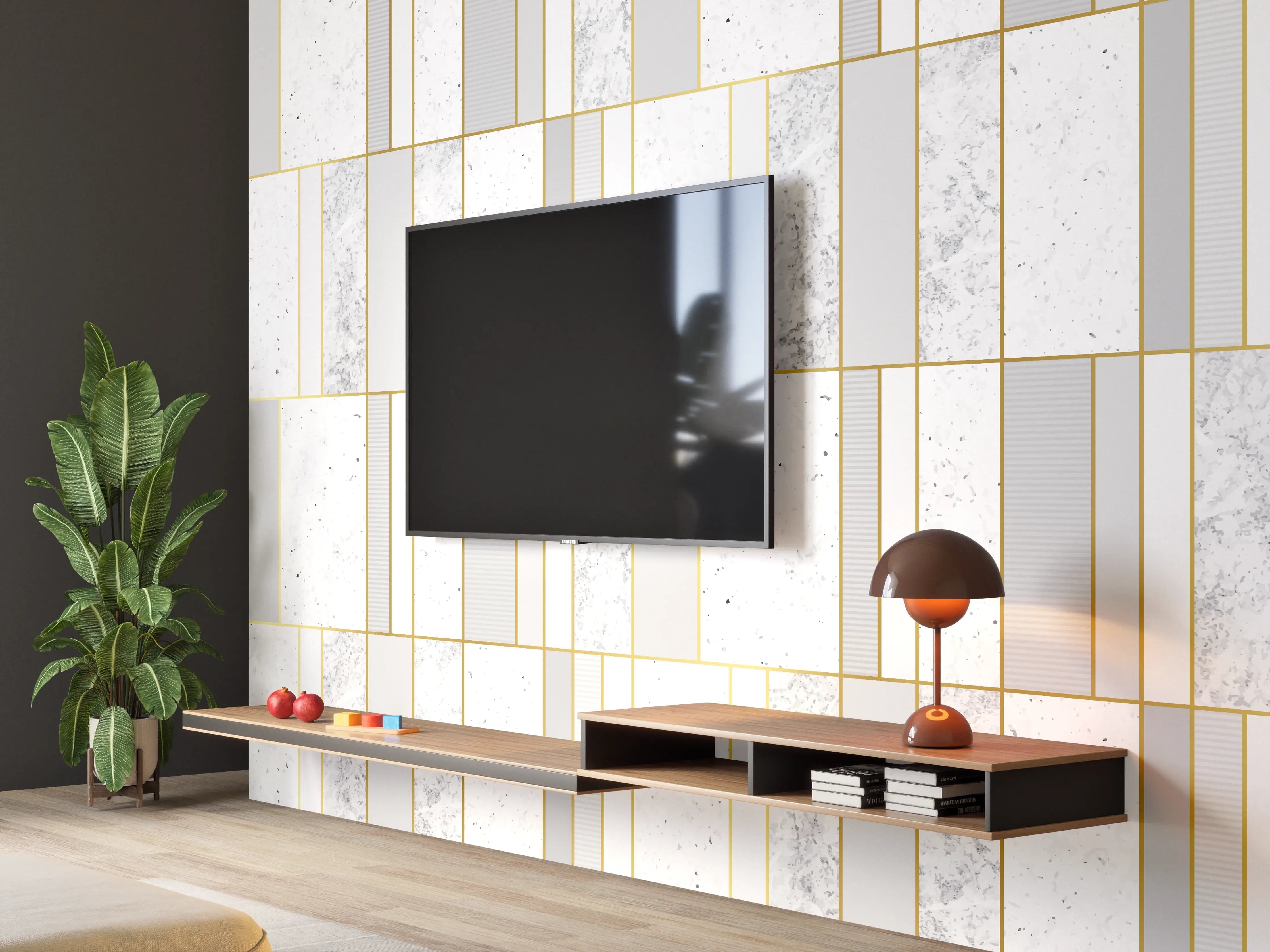 Wandverkleidung Wohnzimmer - Weiß-Goldene Marmoroptik Fliese