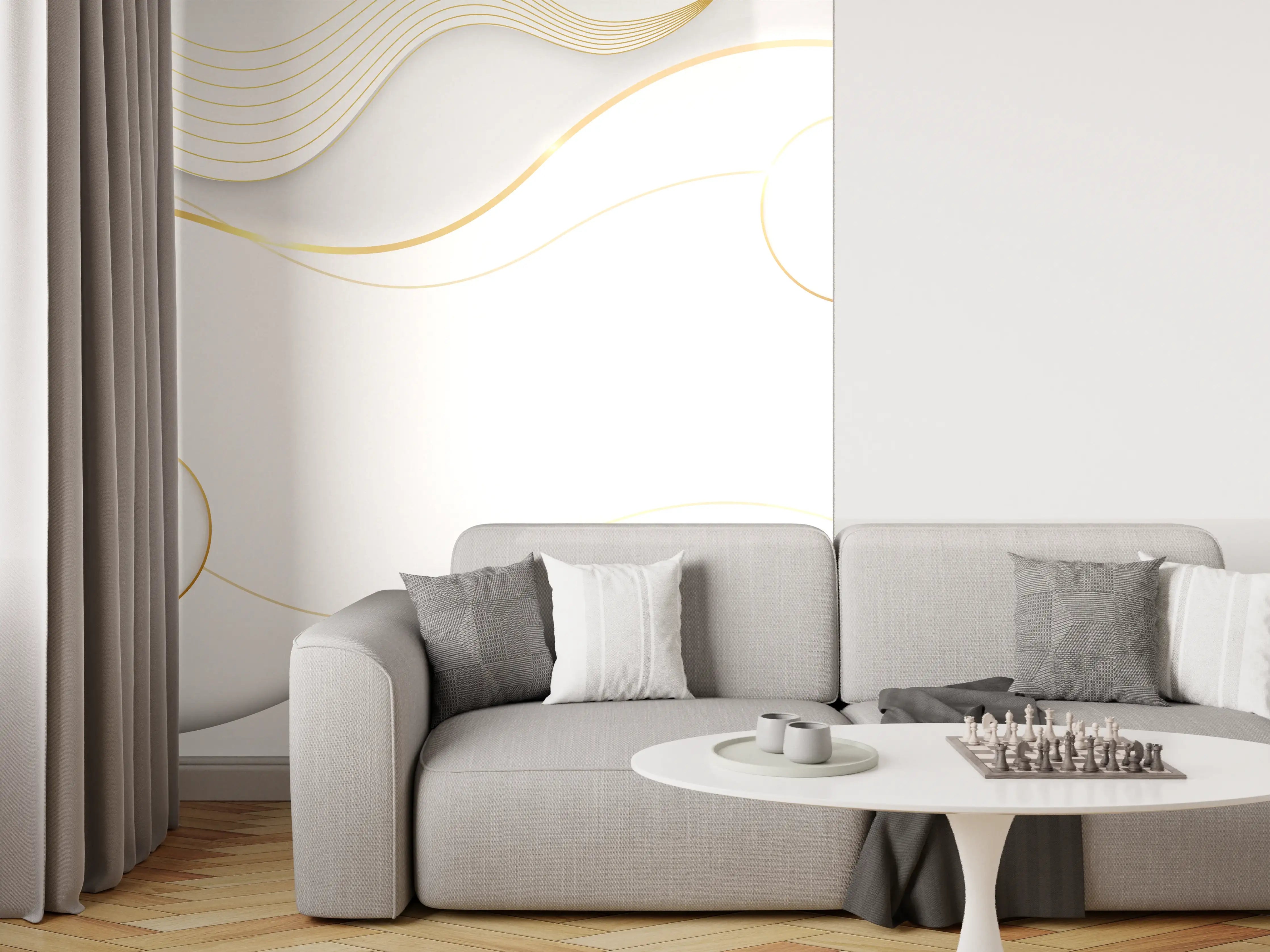 Wandverkleidung Wohnzimmer - Weiß-Goldene Wellen Grafik