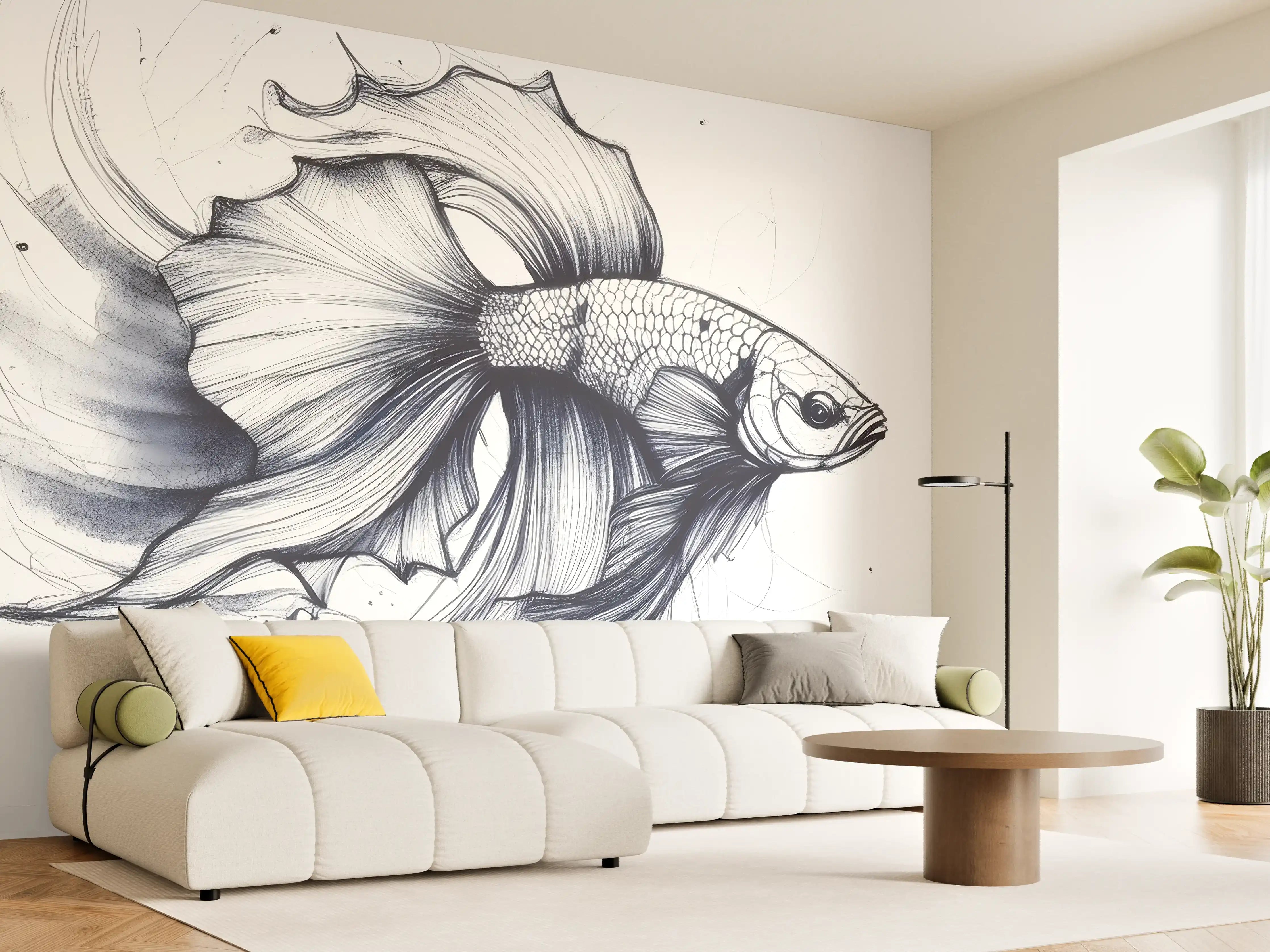Wandverkleidung Wohnzimmer - Weiß-Grau Betta-Fisch Illustration