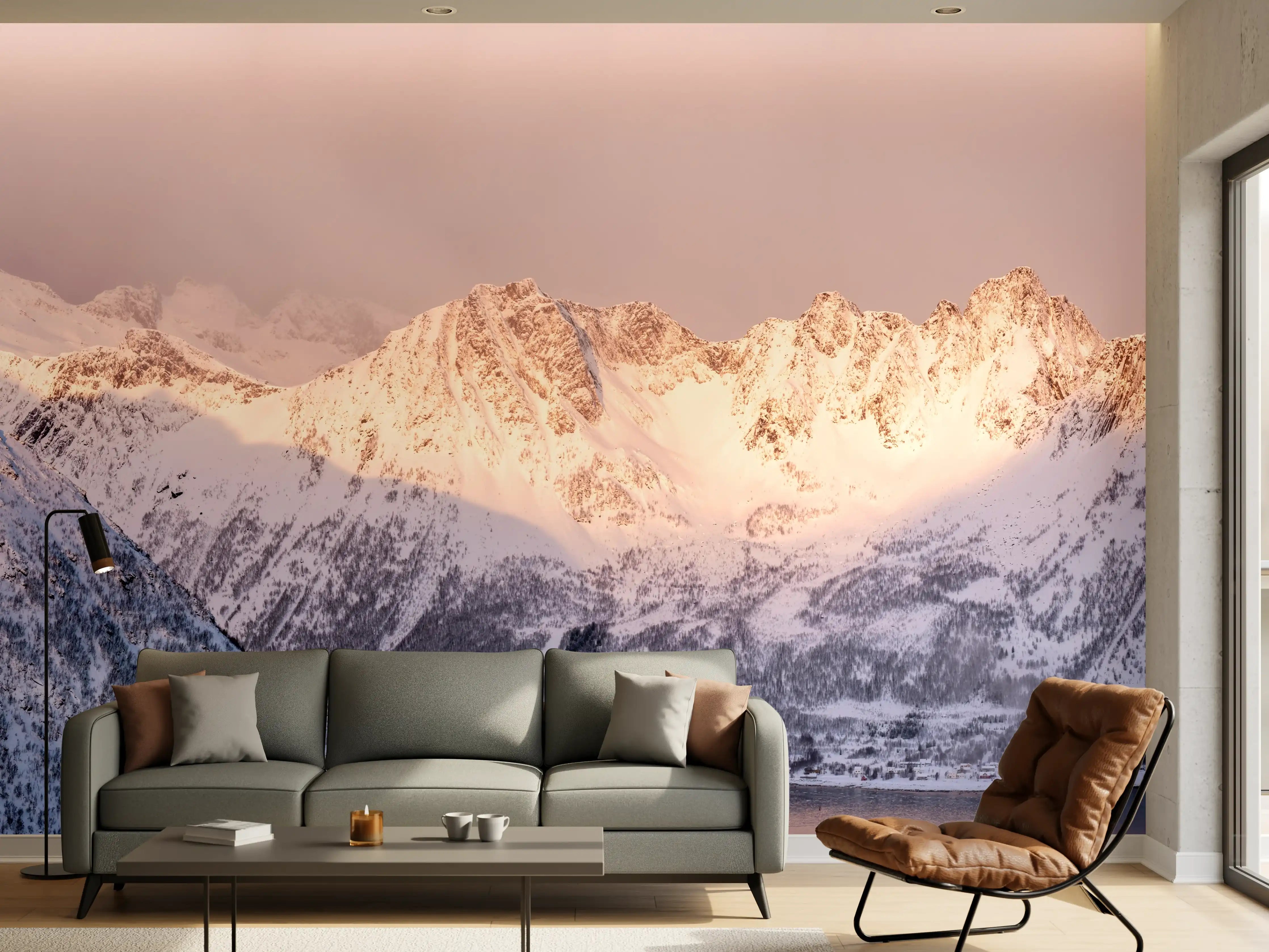 Wandverkleidung Wohnzimmer - Weiß-Grau-Blau Bergpanorama Norwegen