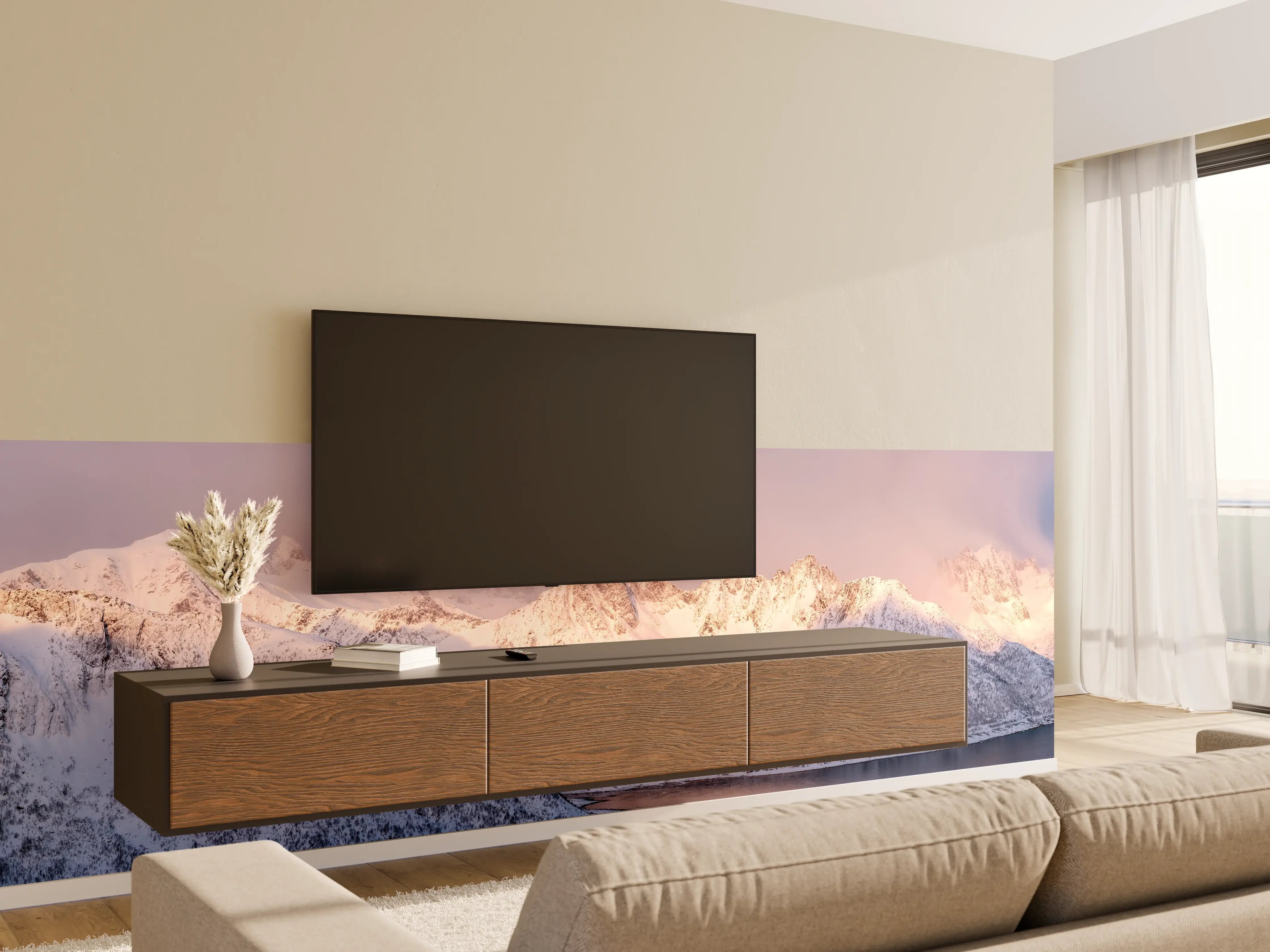 Wandverkleidung Wohnzimmer - Weiß-Grau-Blau Bergpanorama Norwegen