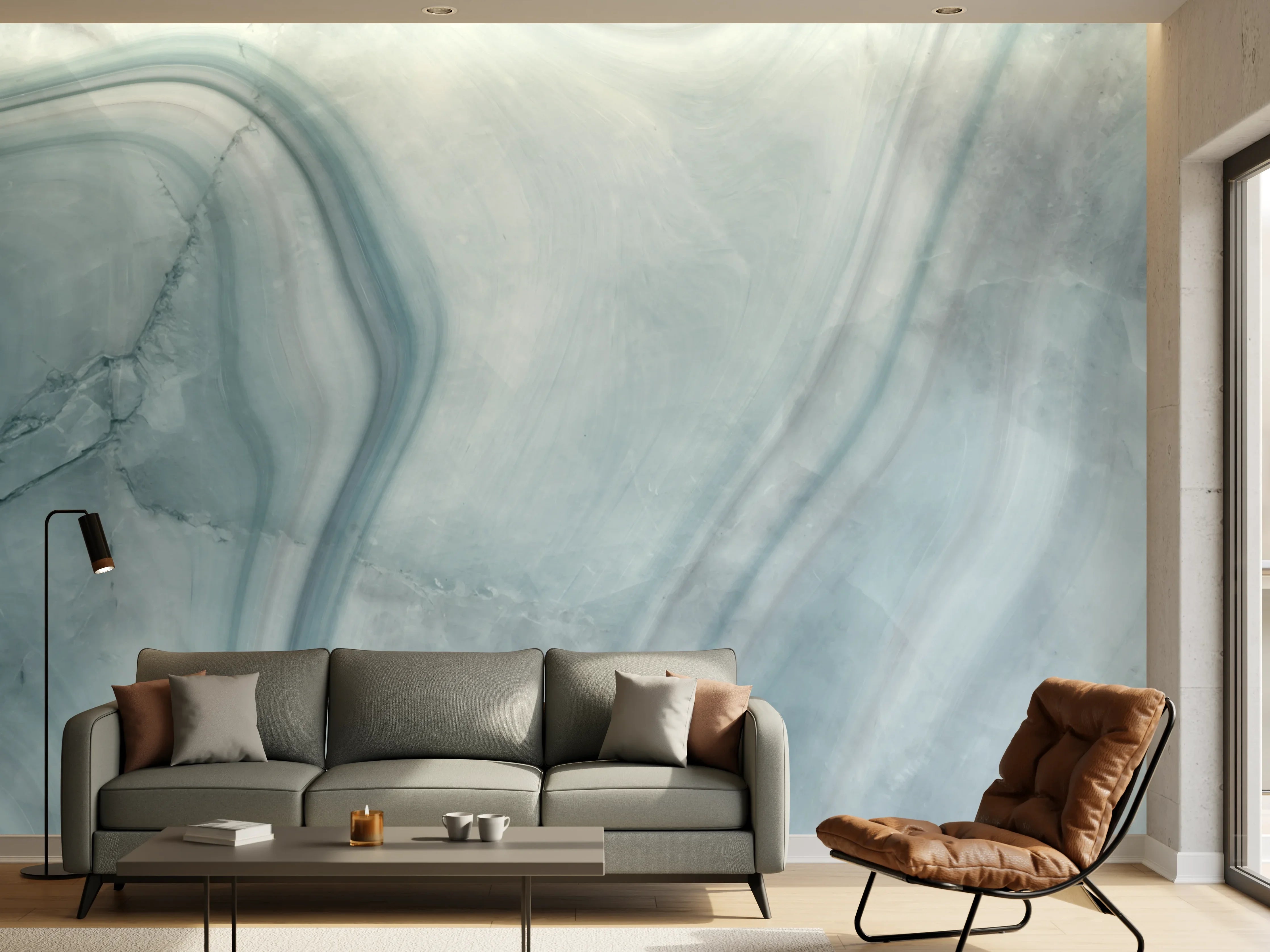 Wandverkleidung Wohnzimmer - Weiß-Grau-Blauer Marmor