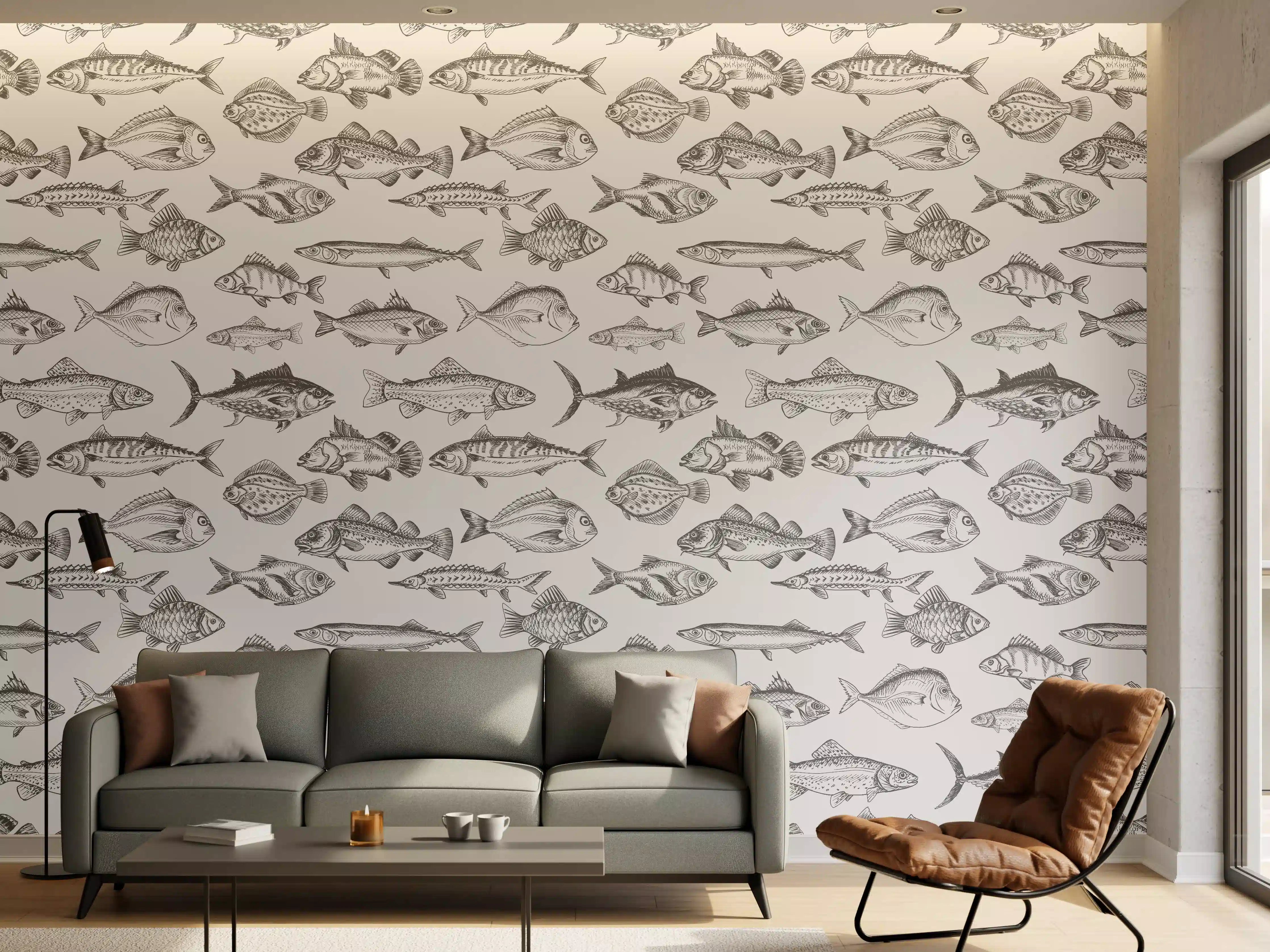 Wandverkleidung Wohnzimmer - Weiß-Grau Fischmuster