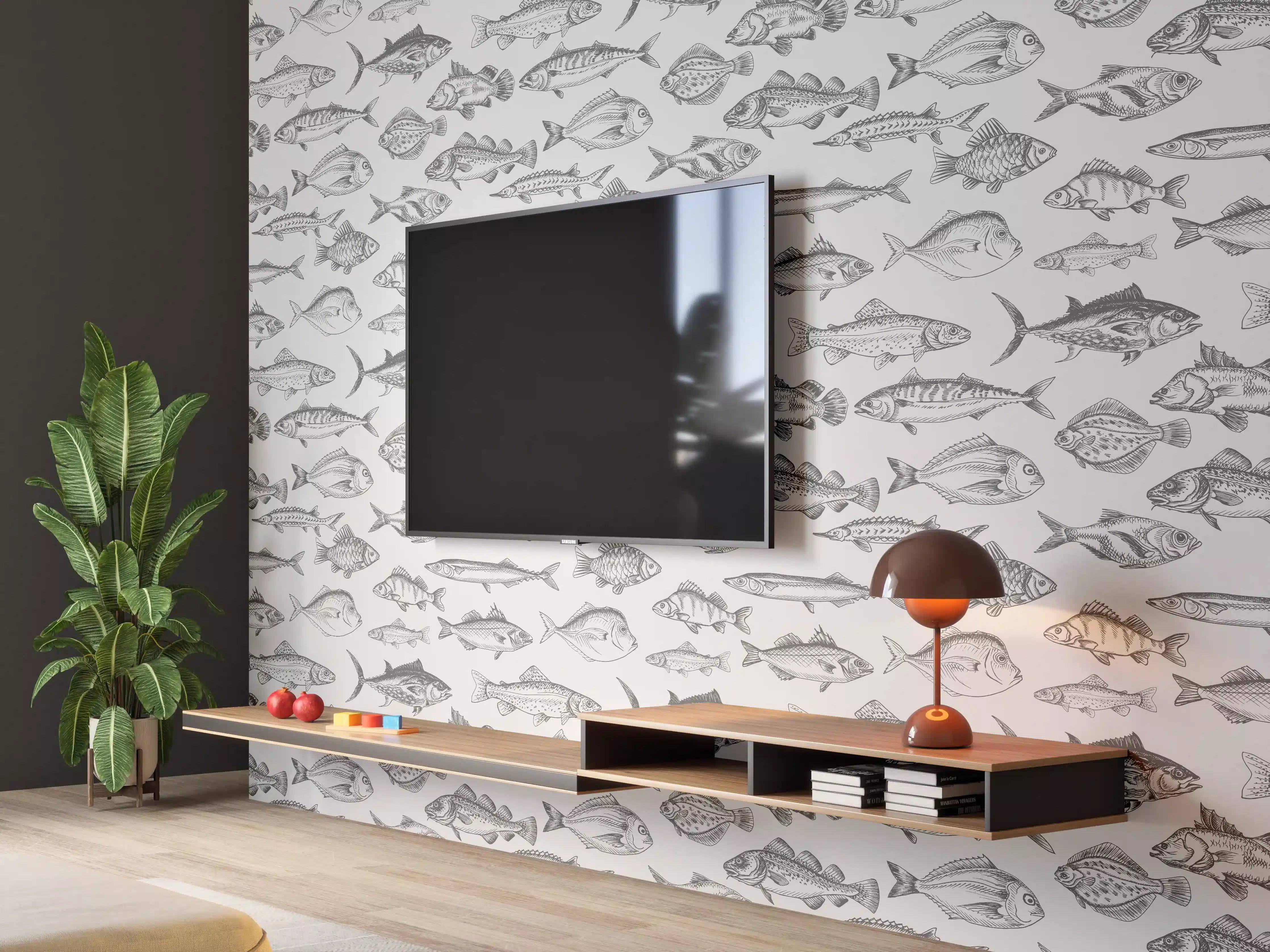 Wandverkleidung Wohnzimmer - Weiß-Grau Fischmuster