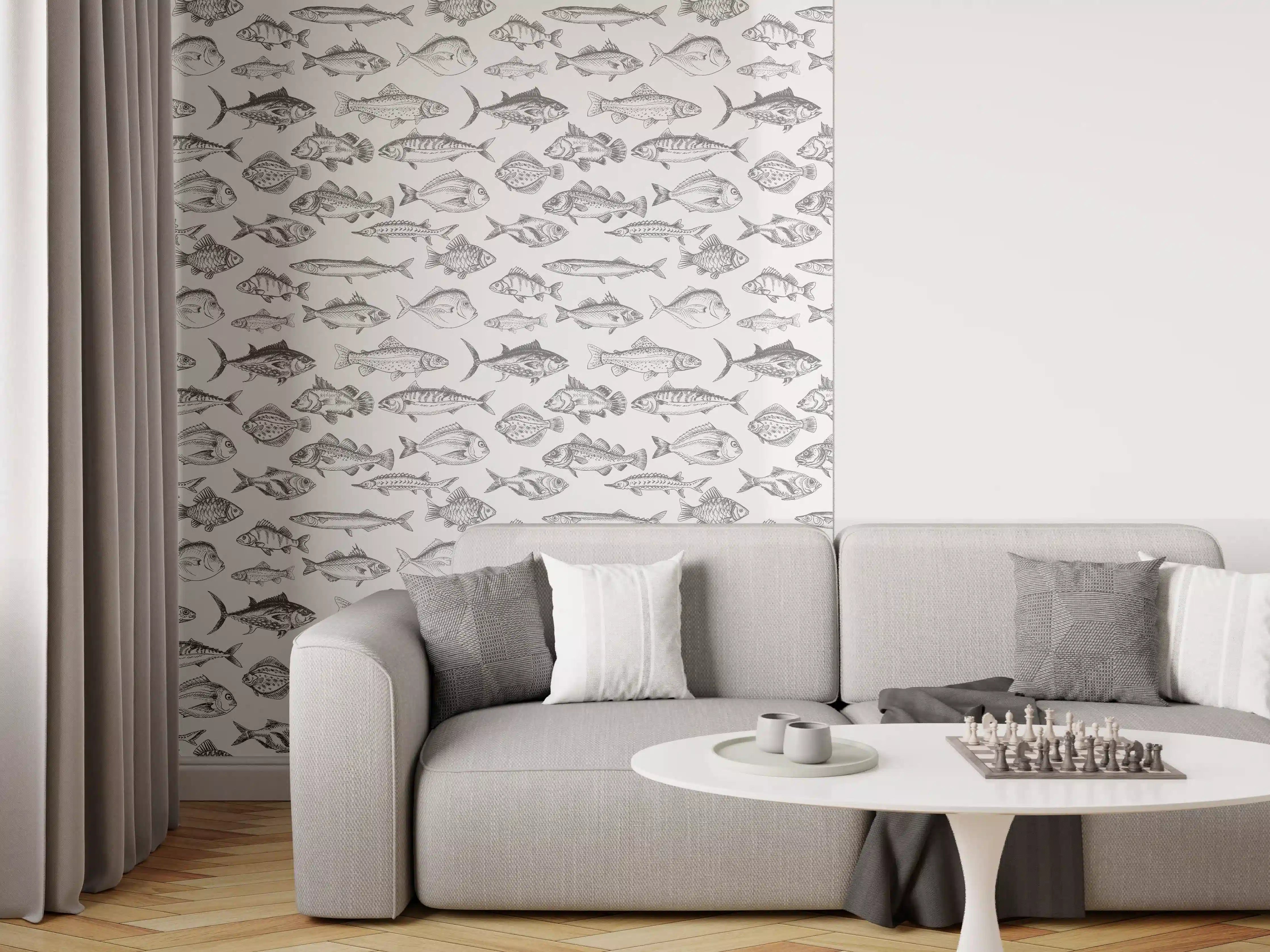 Wandverkleidung Wohnzimmer - Weiß-Grau Fischmuster