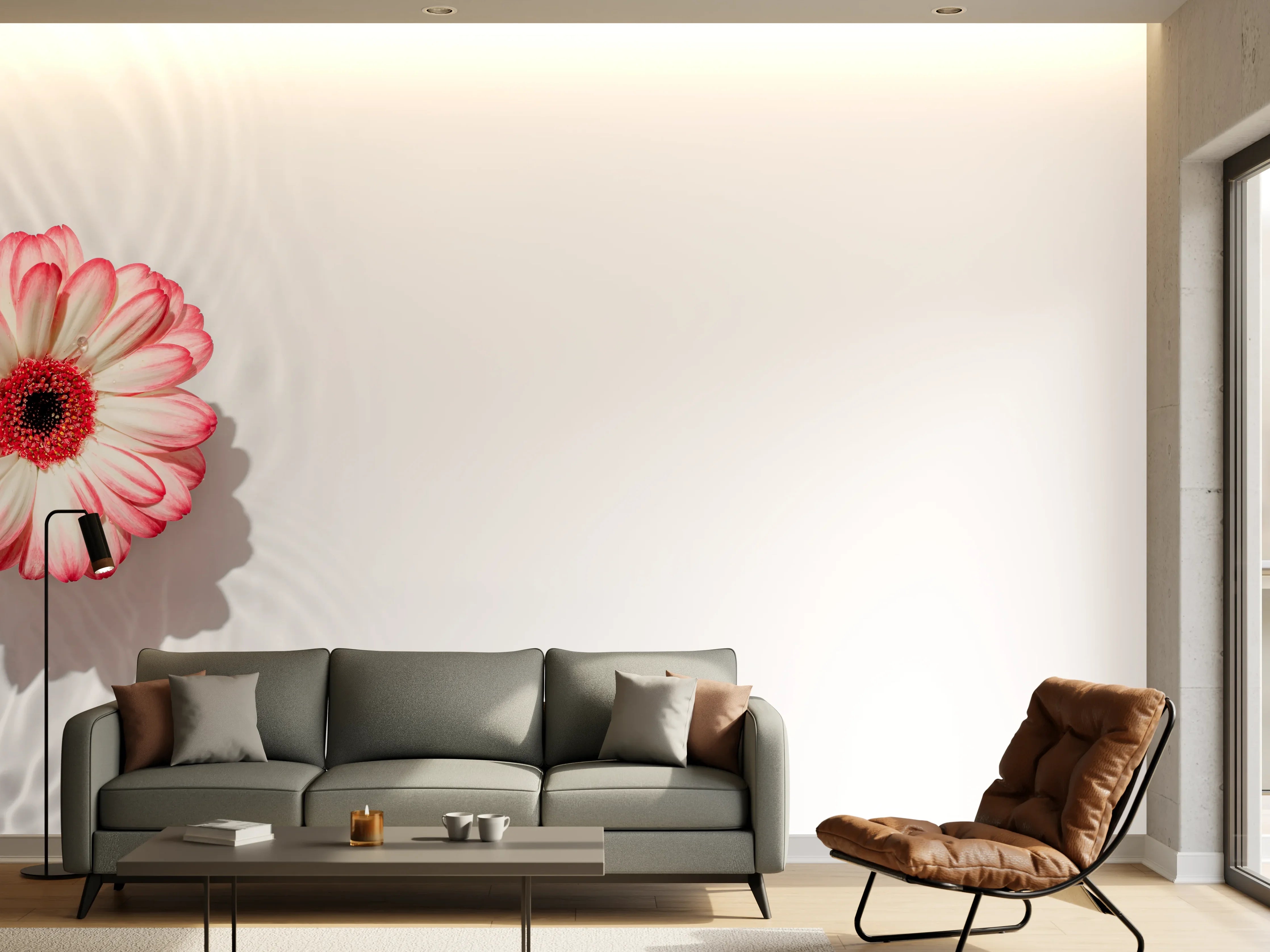 Wandverkleidung Wohnzimmer - Weiß-Grau mit Rosa Gerbera