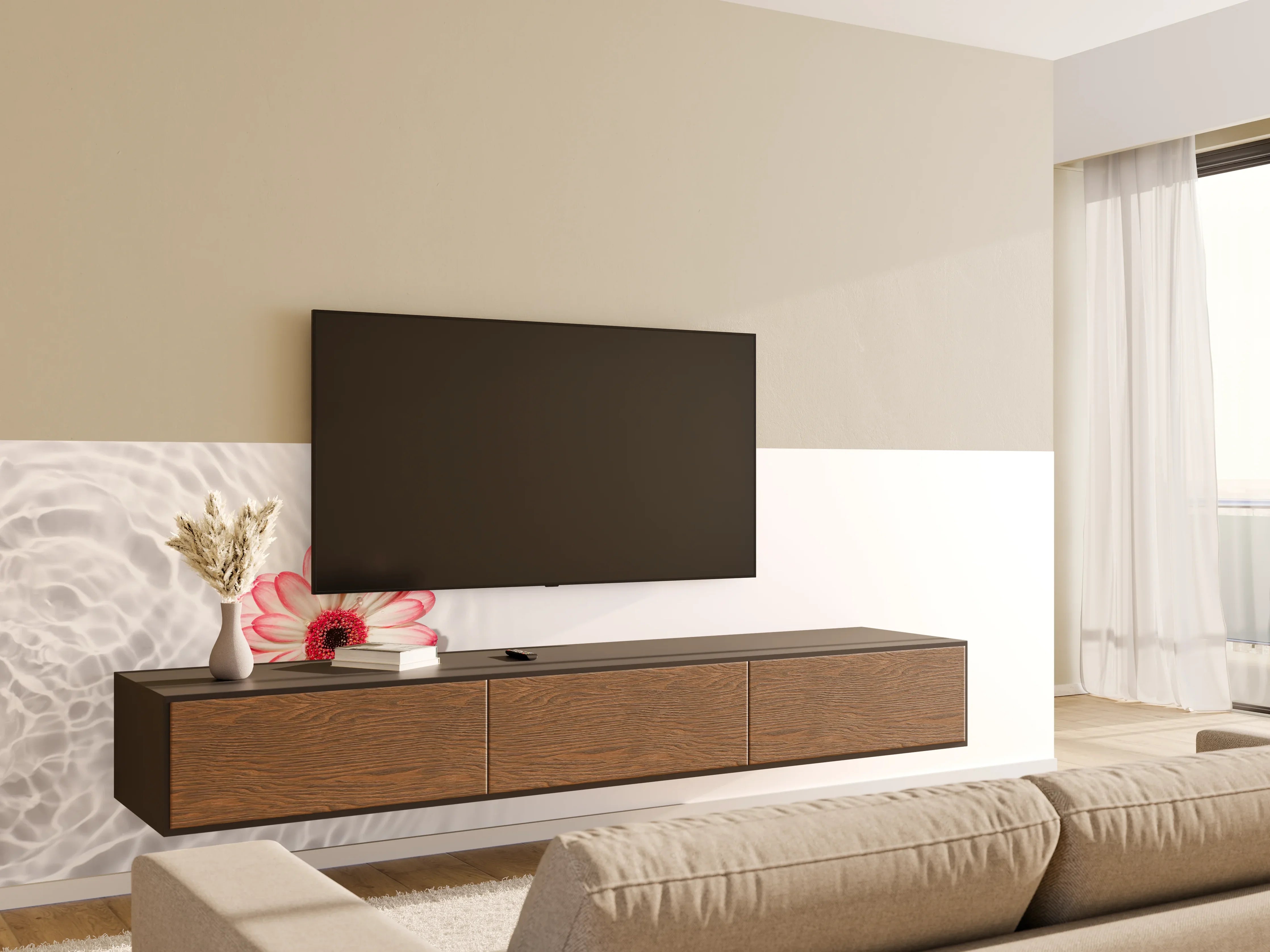 Wandverkleidung Wohnzimmer - Weiß-Grau mit Rosa Gerbera