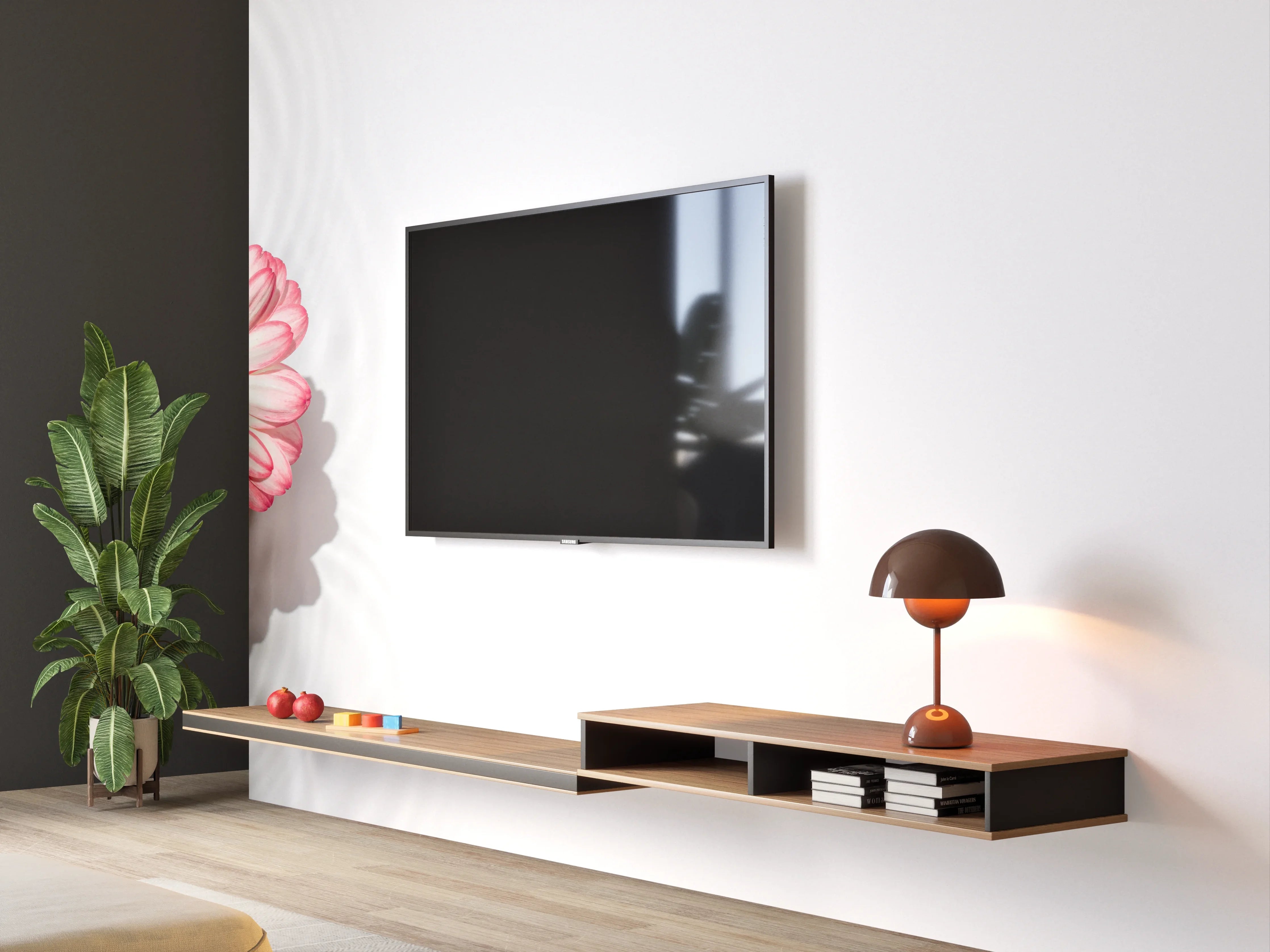Wandverkleidung Wohnzimmer - Weiß-Grau mit Rosa Gerbera