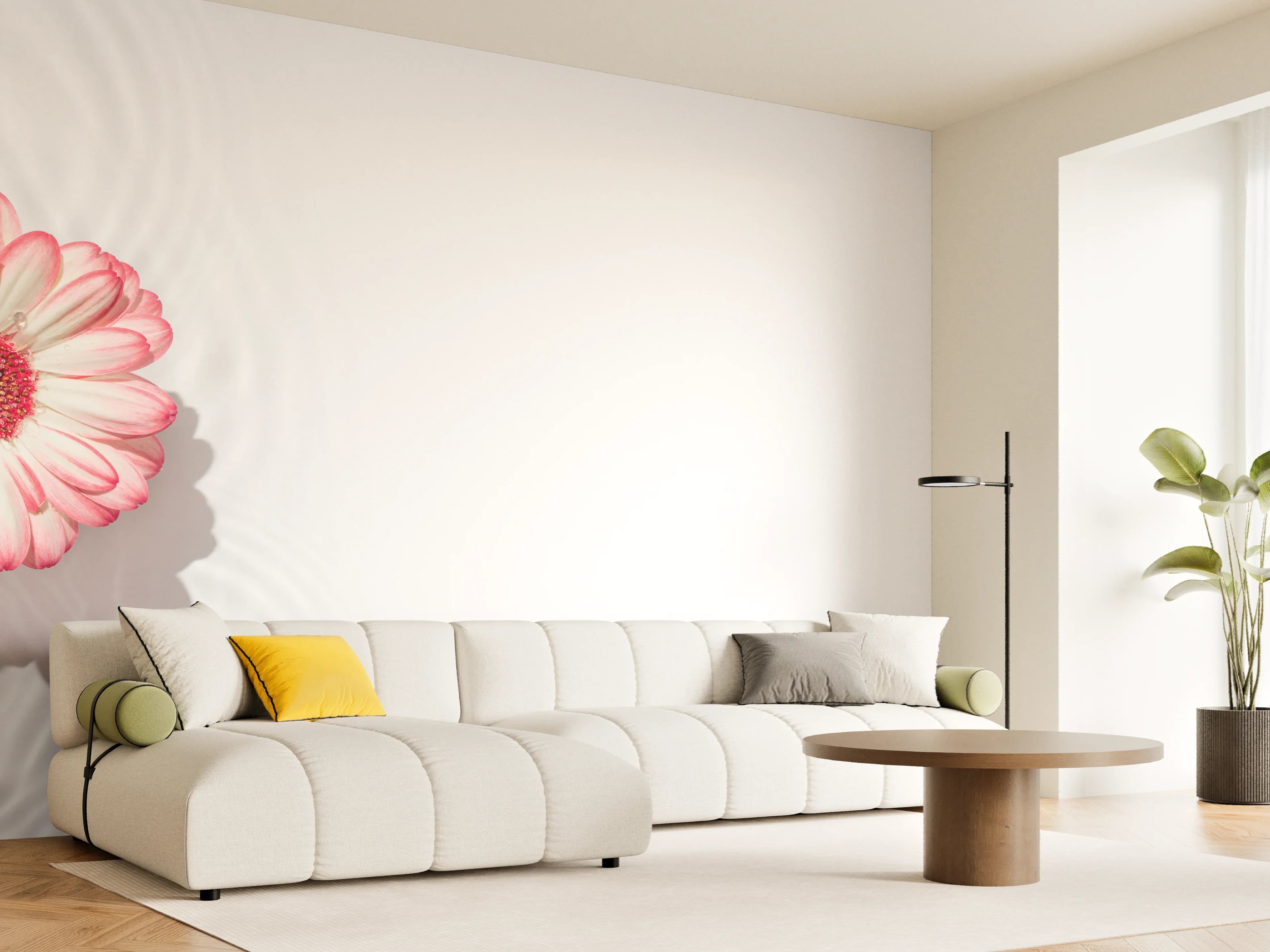 Wandverkleidung Wohnzimmer - Weiß-Grau mit Rosa Gerbera