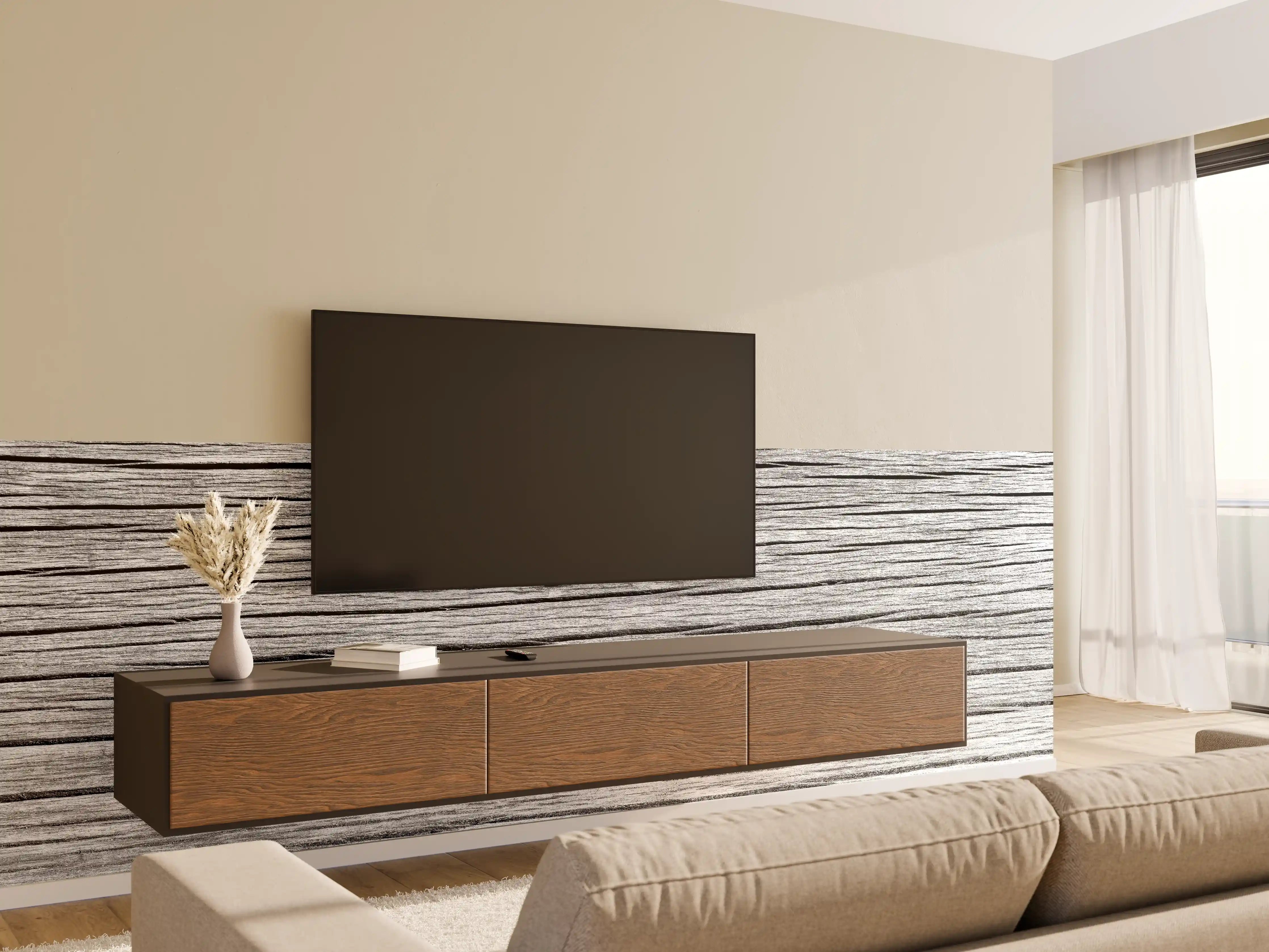 Wandverkleidung Wohnzimmer - Weiß-Graue Holztextur Panorama