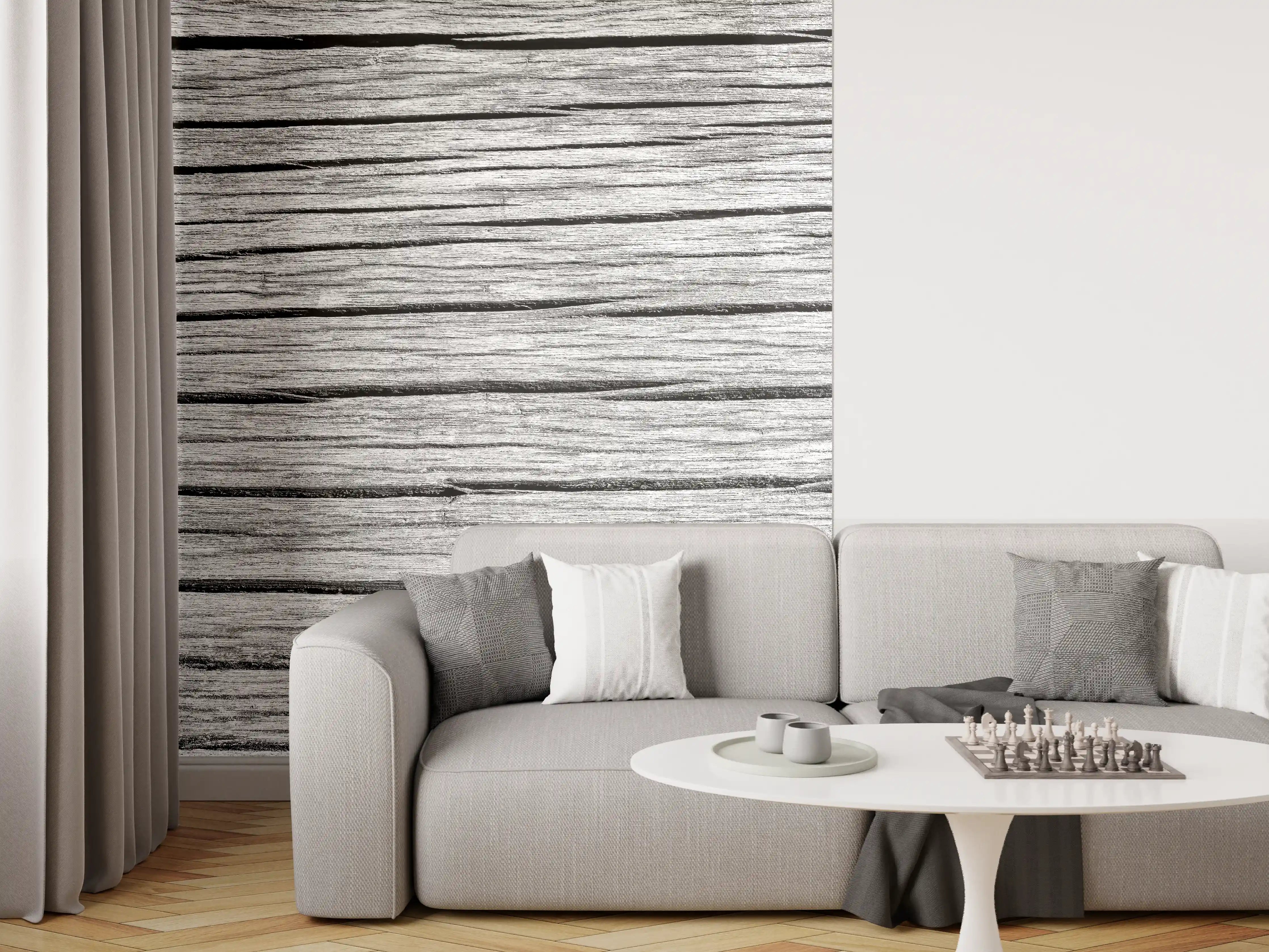 Wandverkleidung Wohnzimmer - Weiß-Graue Holztextur Panorama