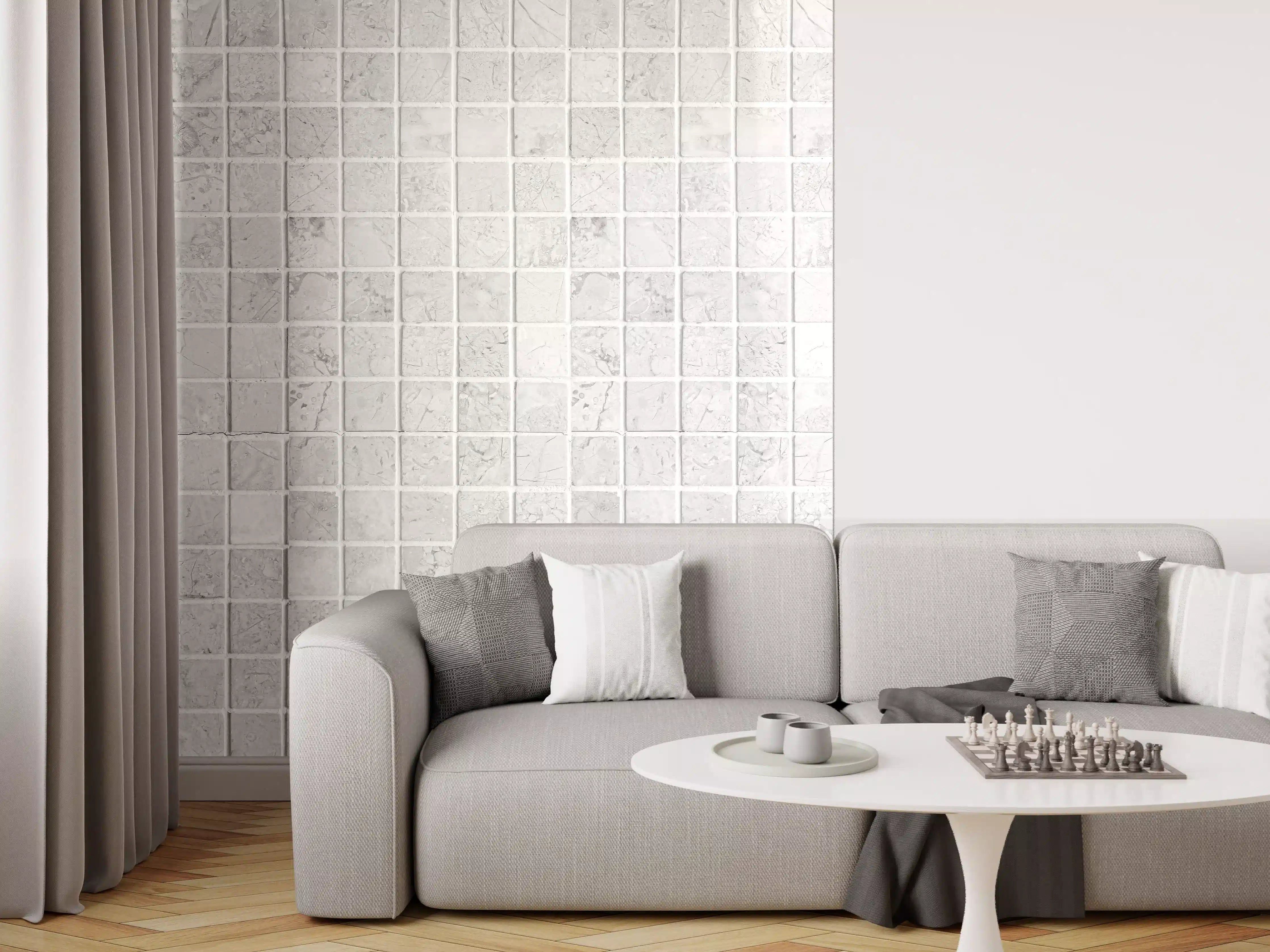Wandverkleidung Wohnzimmer - Weiß-Graue Mosaikfliesen Textur