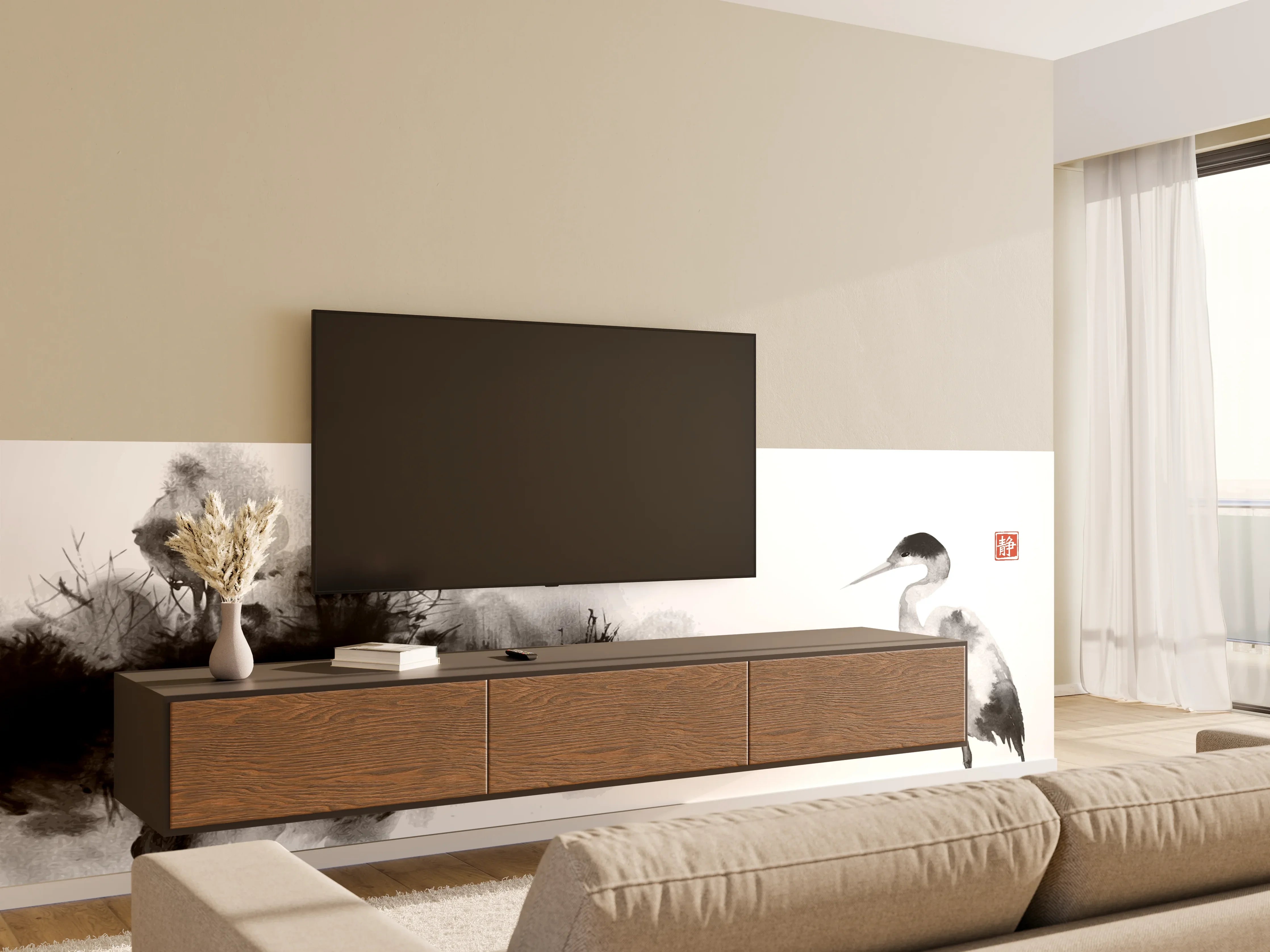 Wandverkleidung Wohnzimmer - Weiß-Schwarze Kranich Malerei