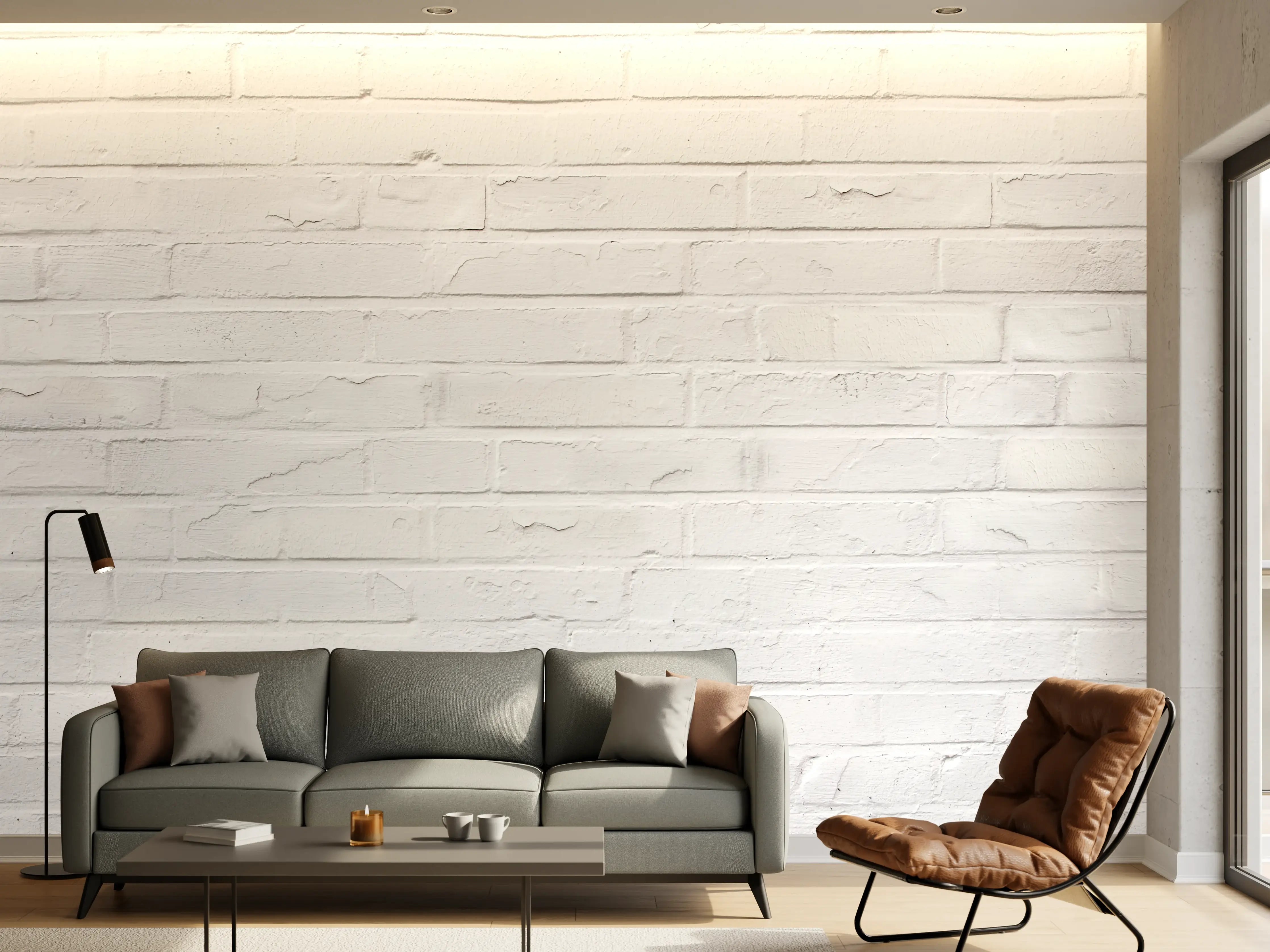 Wandverkleidung Wohnzimmer - Weiß bemalte Steinmauer