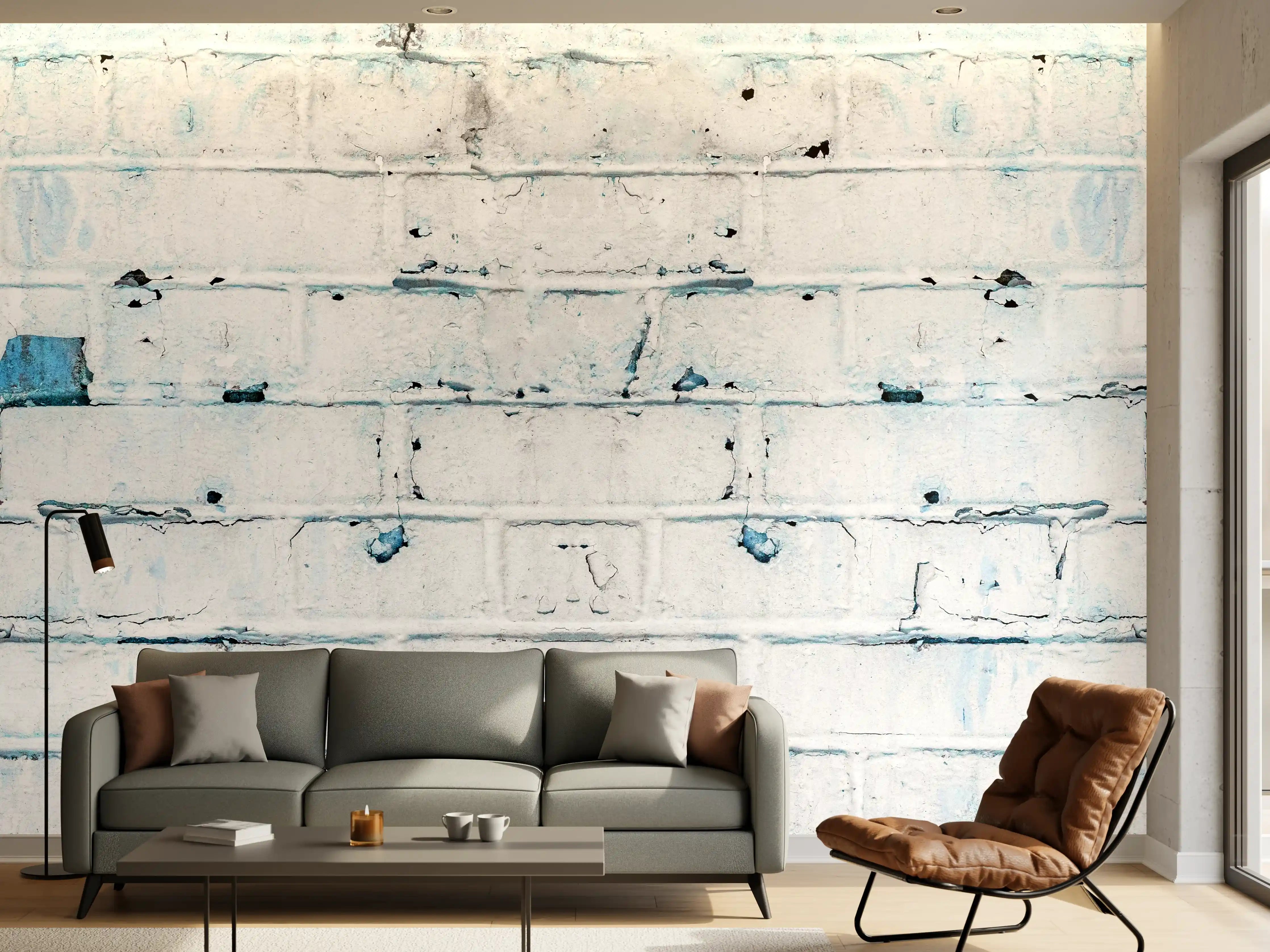 Wandverkleidung Wohnzimmer - Weiß blau beschädigte Backsteinmauer