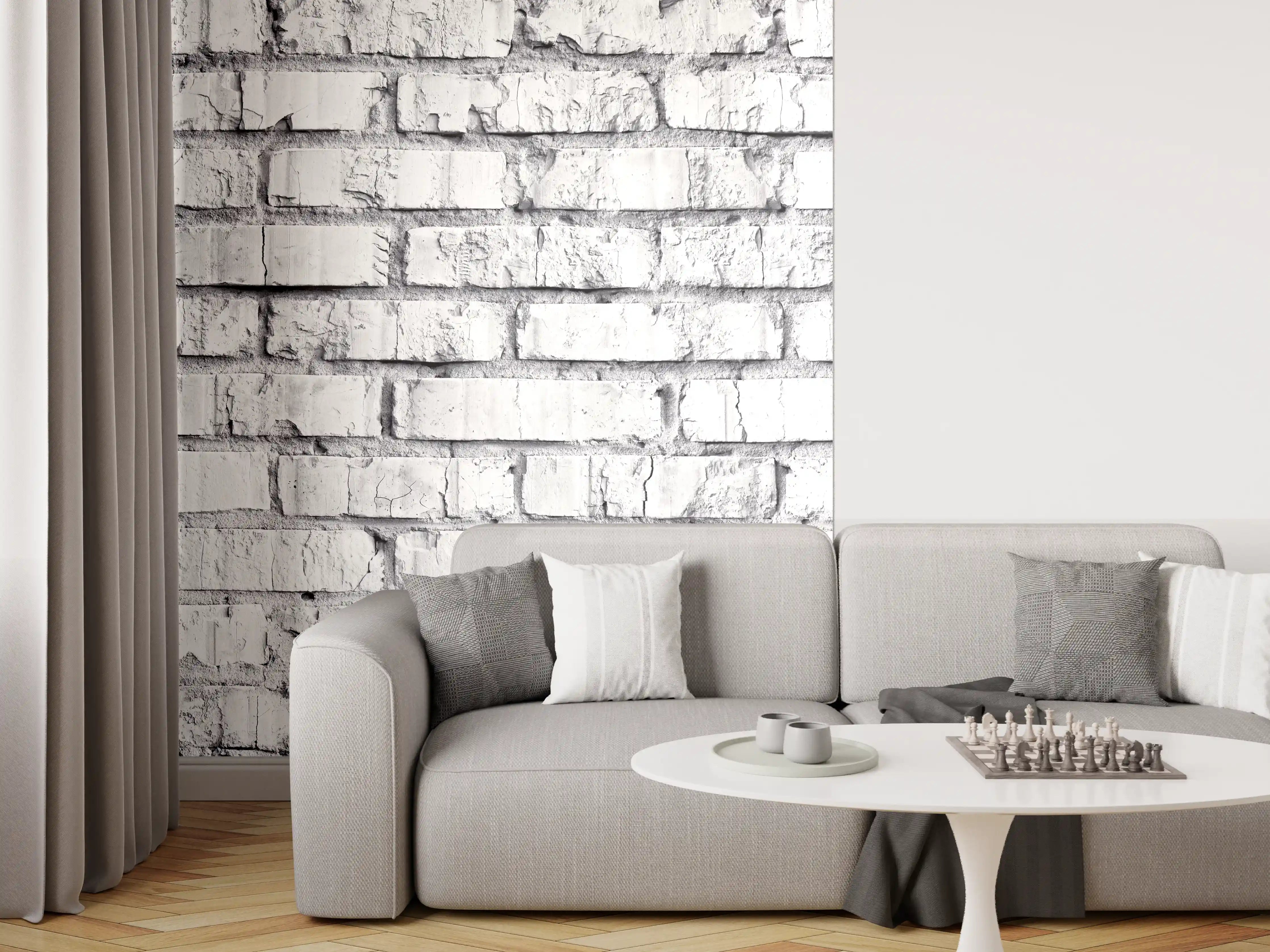 Wandverkleidung Wohnzimmer - Weiß gekalkte Ziegelmauer