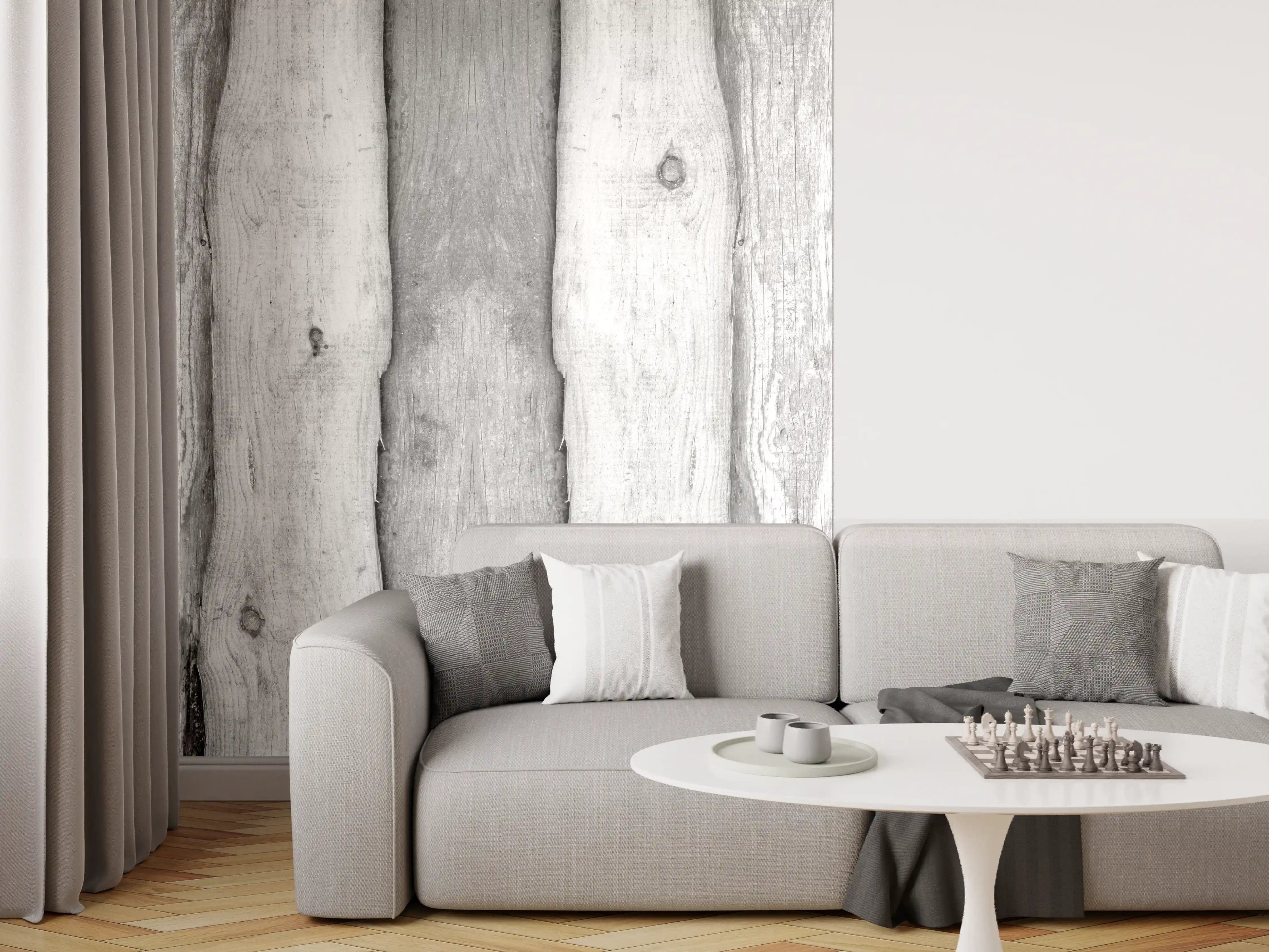Wandverkleidung Wohnzimmer - Weiß grau gestrichene Holzstruktur