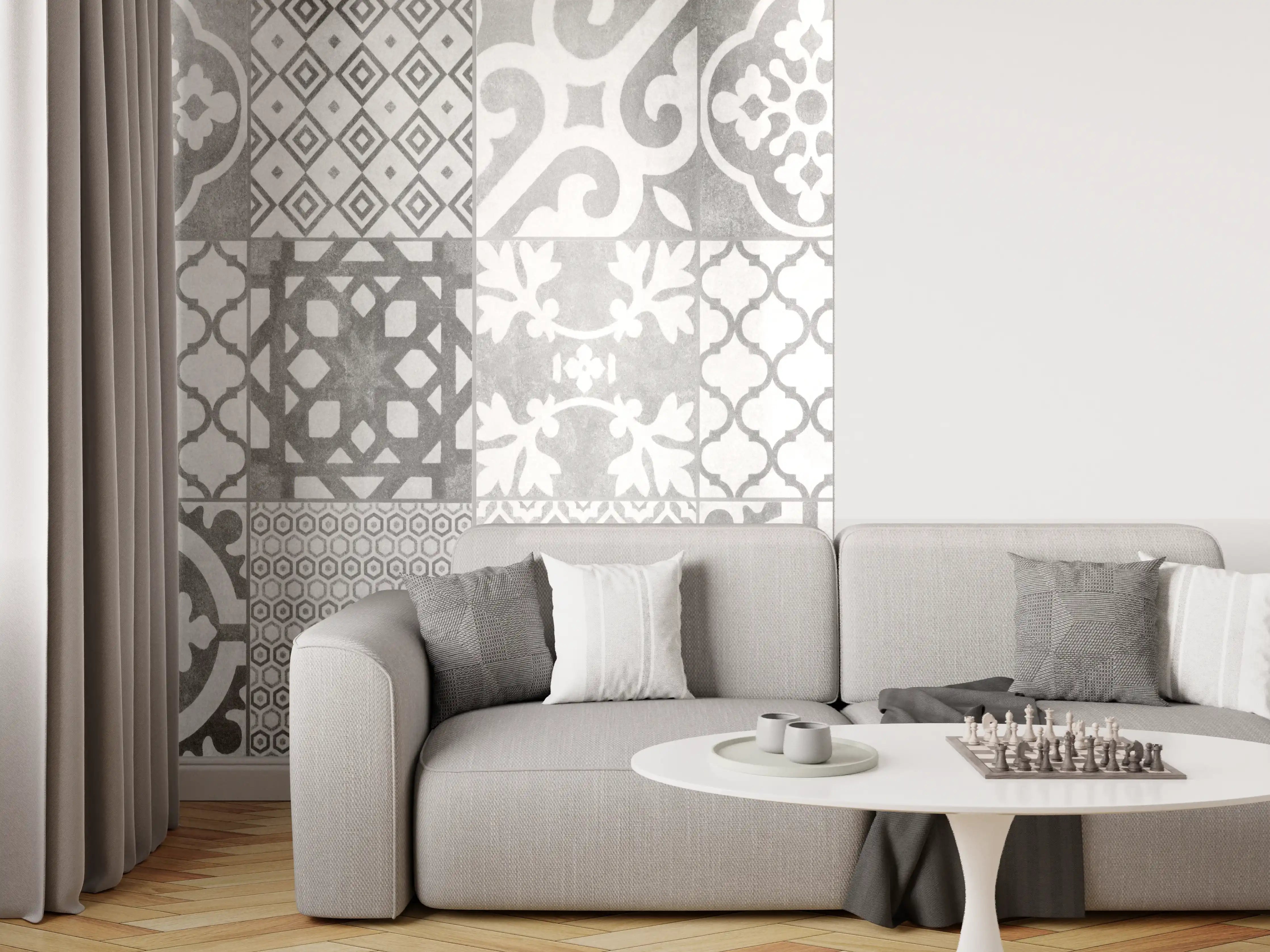 Wandverkleidung Wohnzimmer - Weiß graue vintage Fliesen