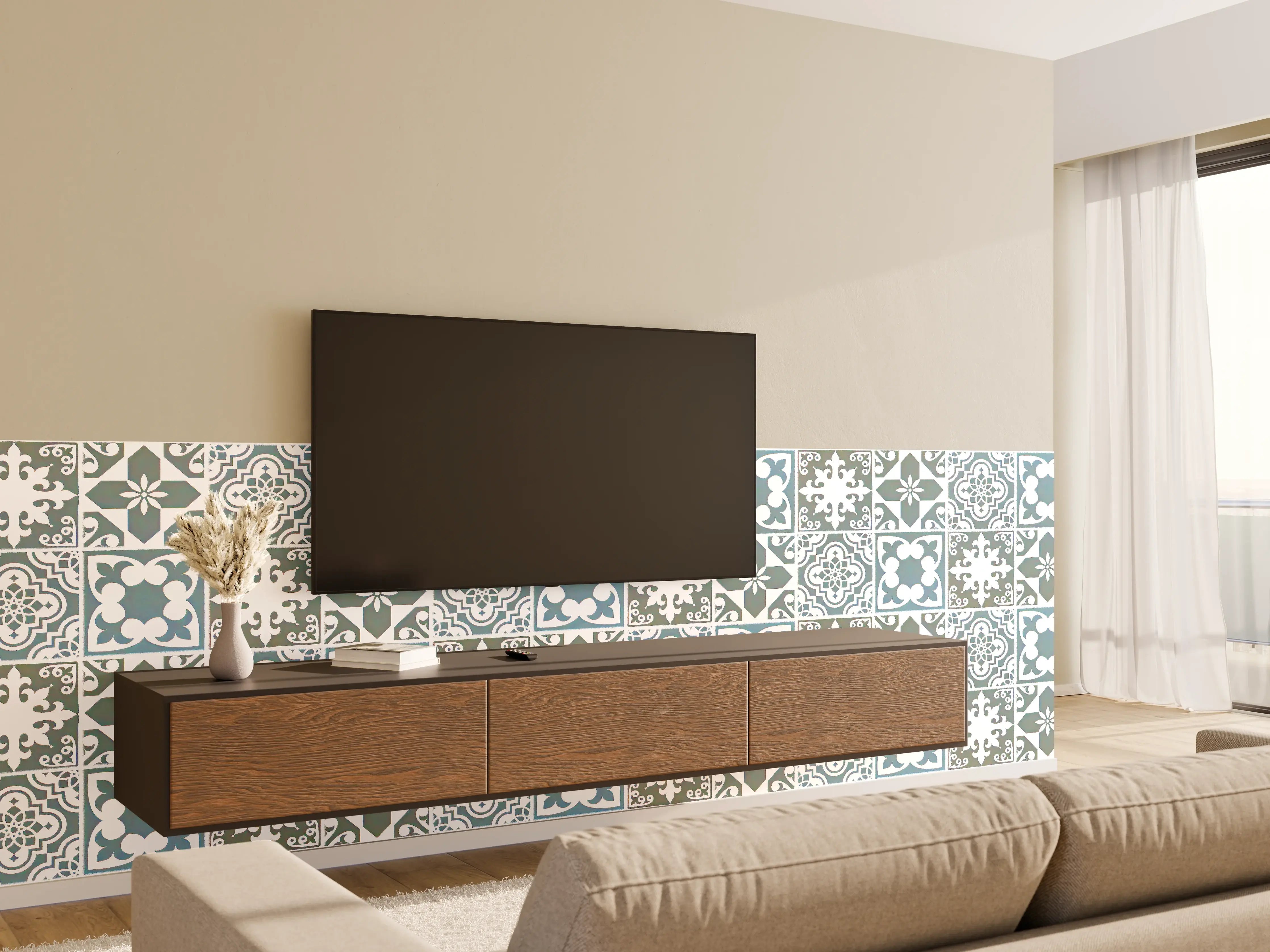 Wandverkleidung Wohnzimmer - Weiß-türkis Vintage Fliesen