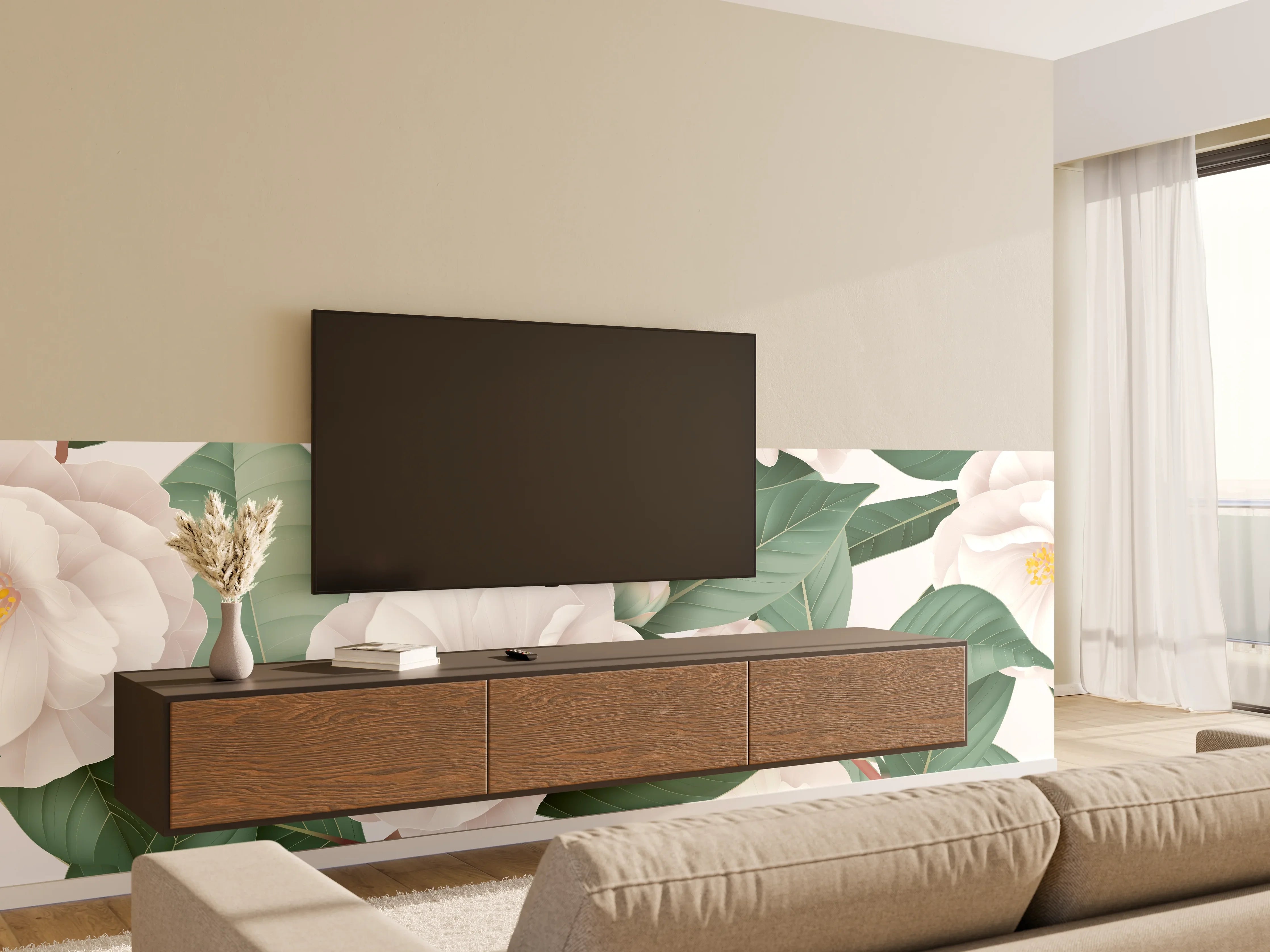 Wandverkleidung Wohnzimmer - Weiße Blüten