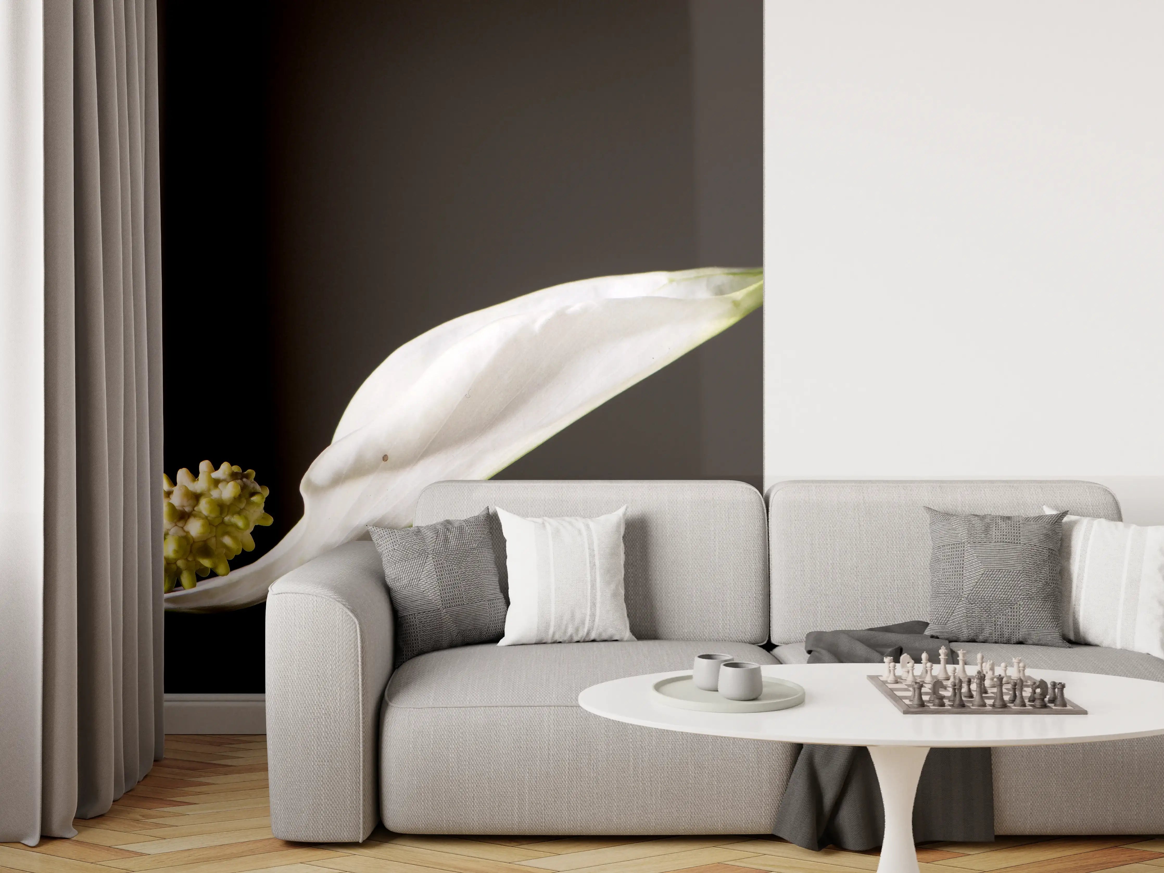 Wandverkleidung Wohnzimmer - Weiße Blume auf schwarzem Hintergrund