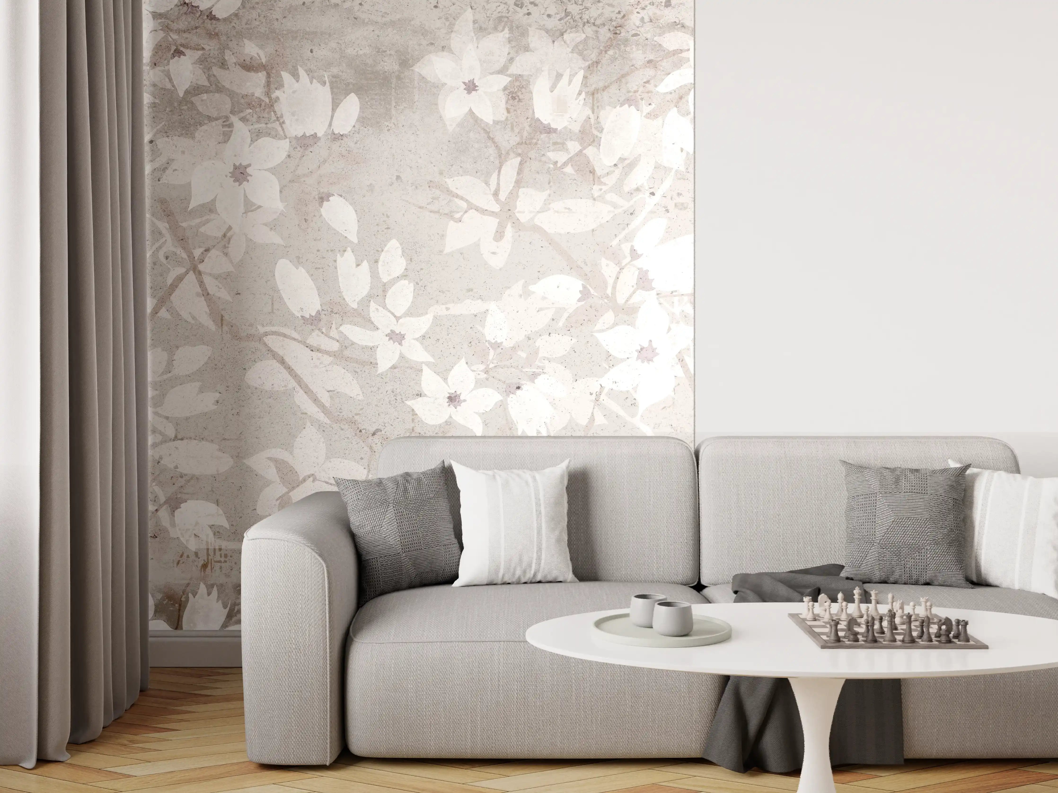 Wandverkleidung Wohnzimmer - Weiße Blumen auf altem grauem Hintergrund