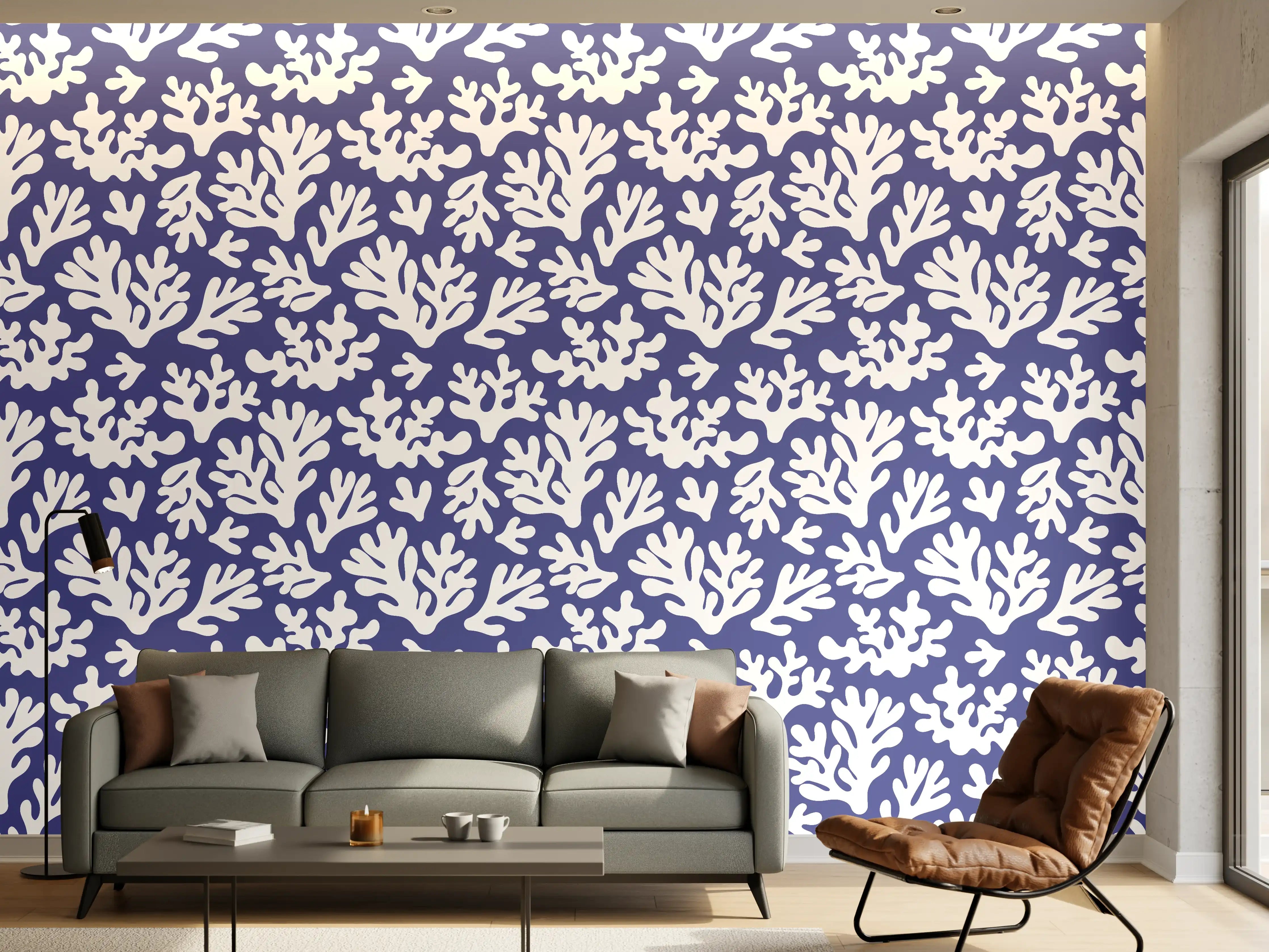Wandverkleidung Wohnzimmer - Weiße Korallen auf Blau