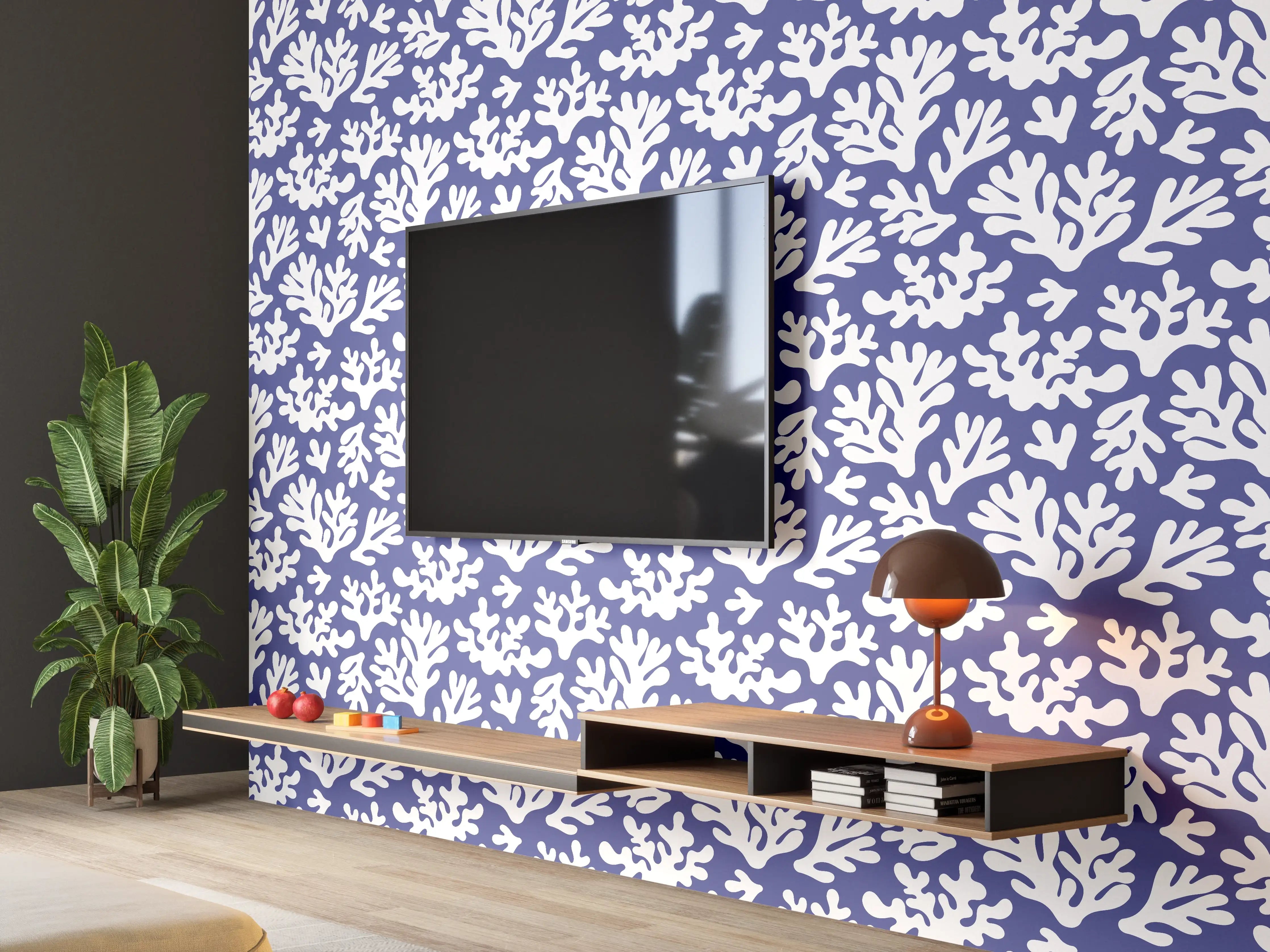 Wandverkleidung Wohnzimmer - Weiße Korallen auf Blau