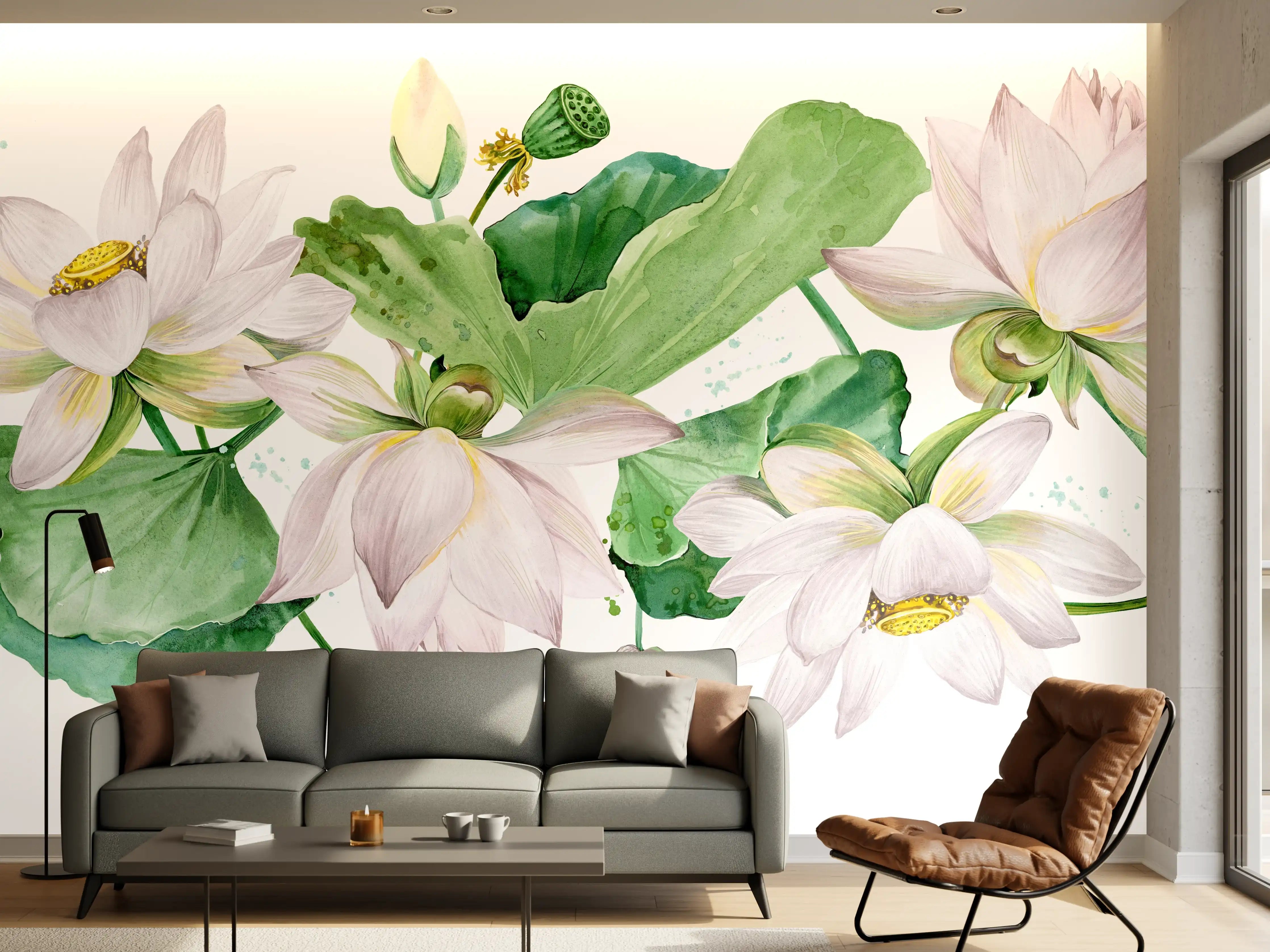 Wandverkleidung Wohnzimmer - Weiße Lotusblumen - nahtlose Muster