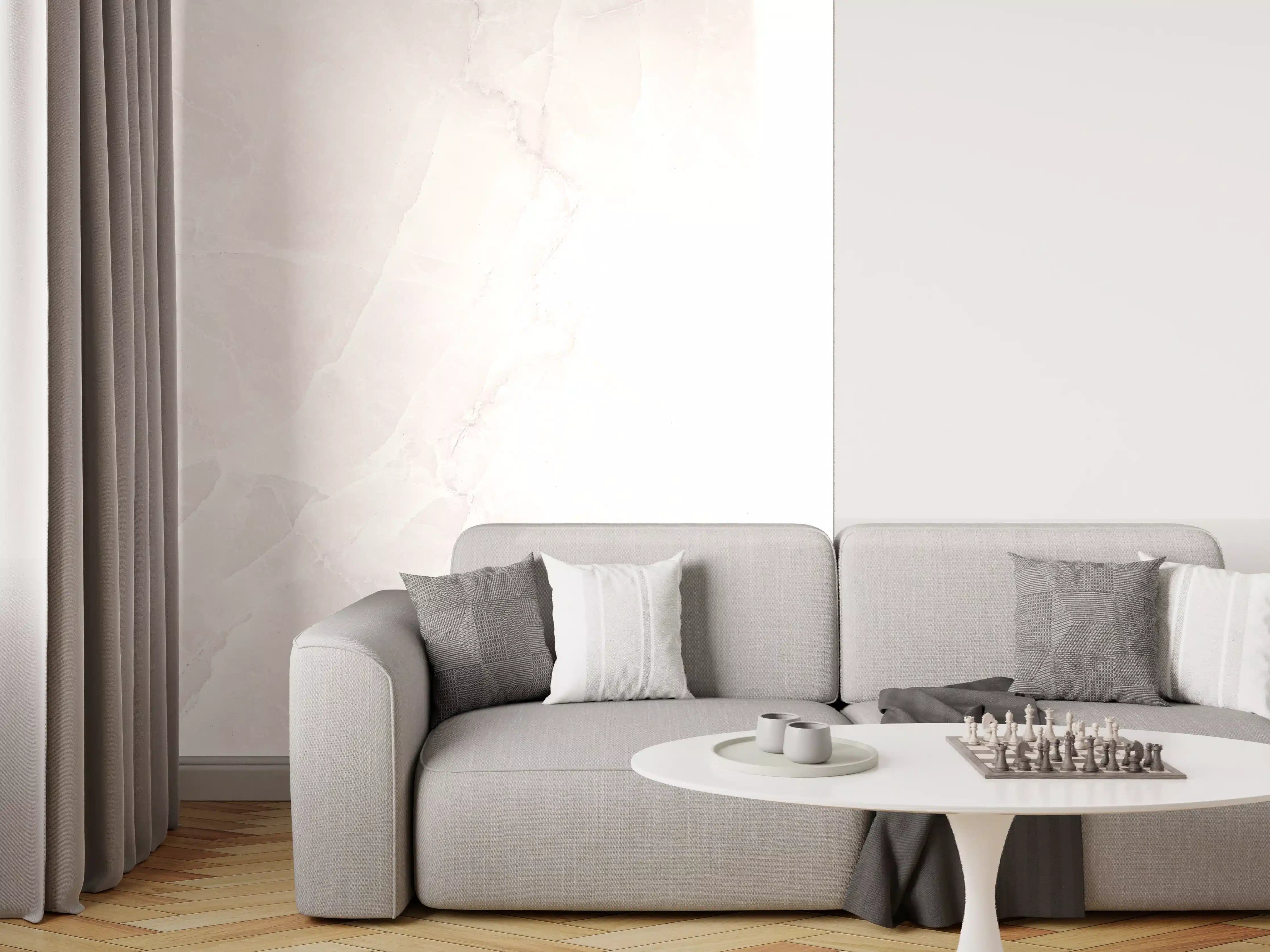 Wandverkleidung Wohnzimmer - Weiße Marmoroptik mit feiner Maserung