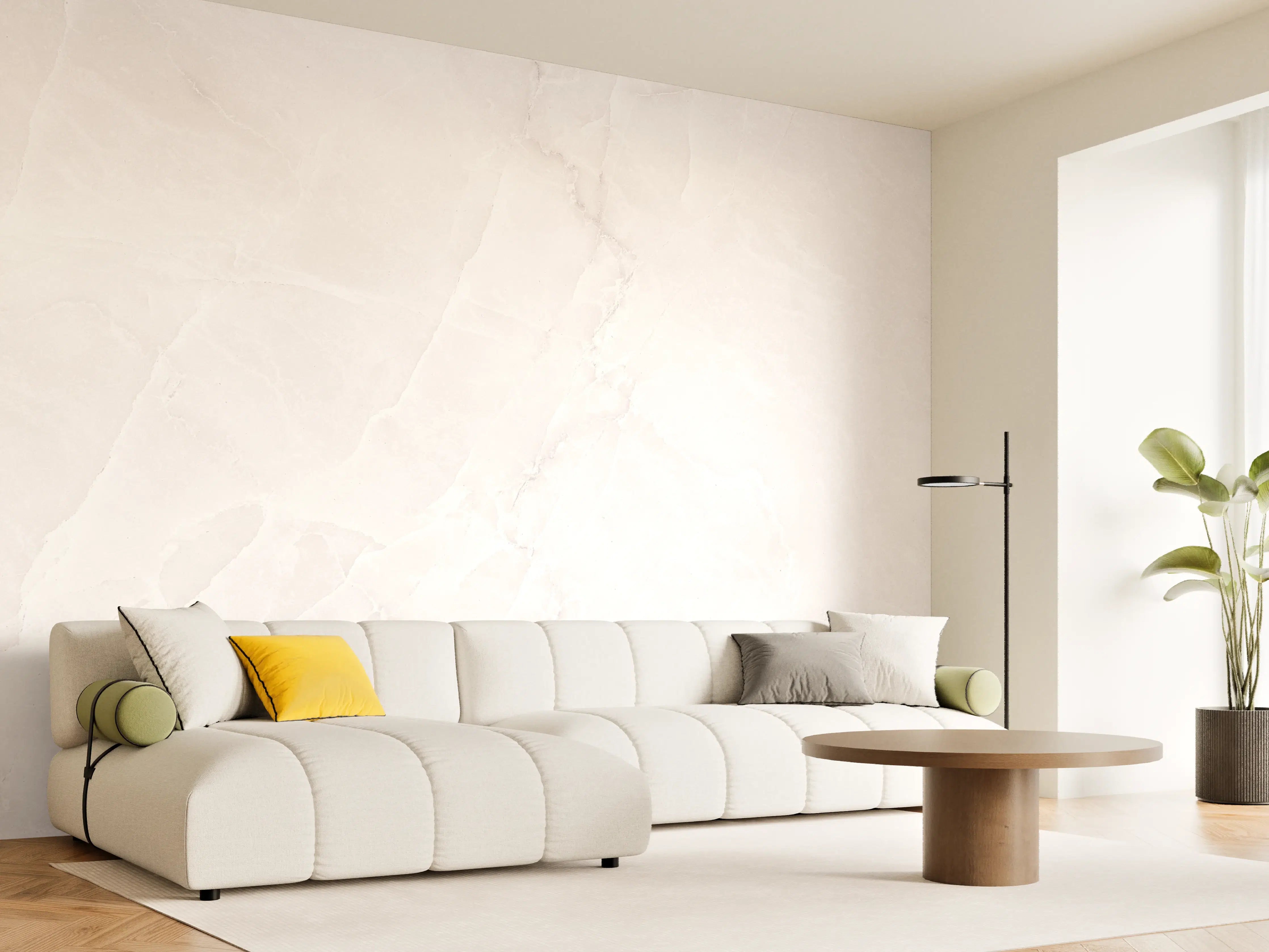 Wandverkleidung Wohnzimmer - Weiße Marmoroptik mit feiner Maserung