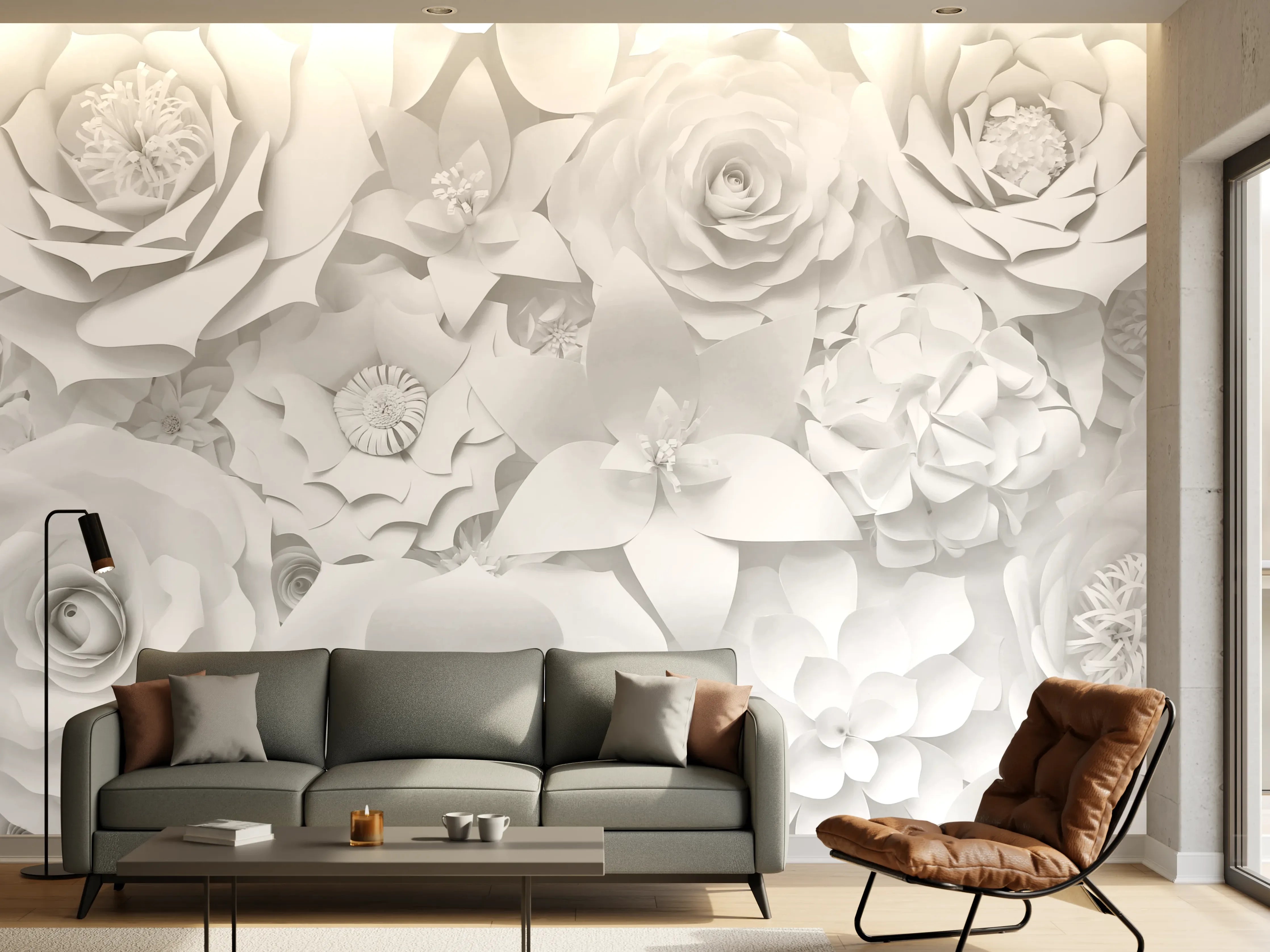 Wandverkleidung Wohnzimmer - Weiße Papierblumen Deco
