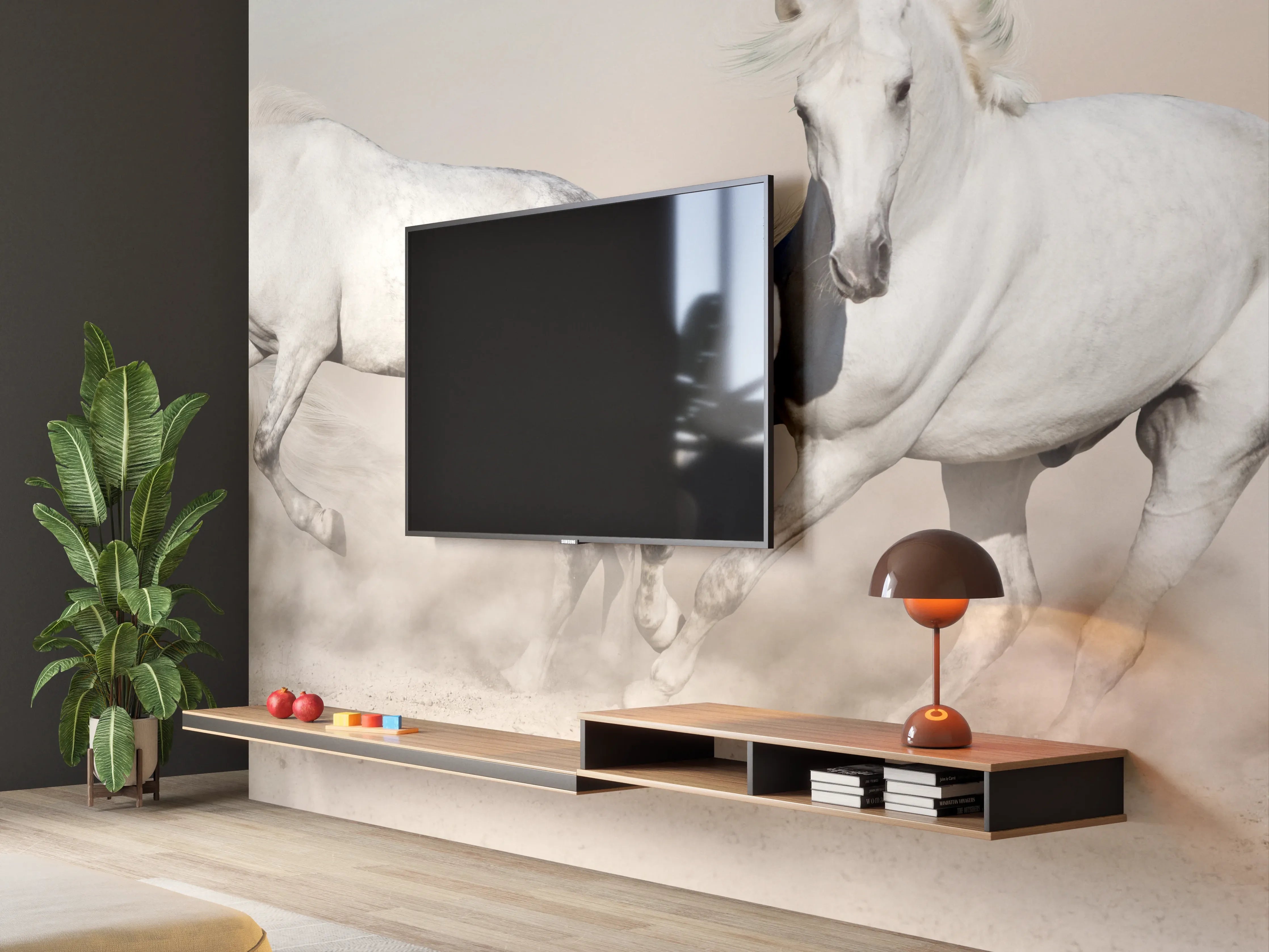 Wandverkleidung Wohnzimmer - Weiße Pferdeherde Wüstenstaub