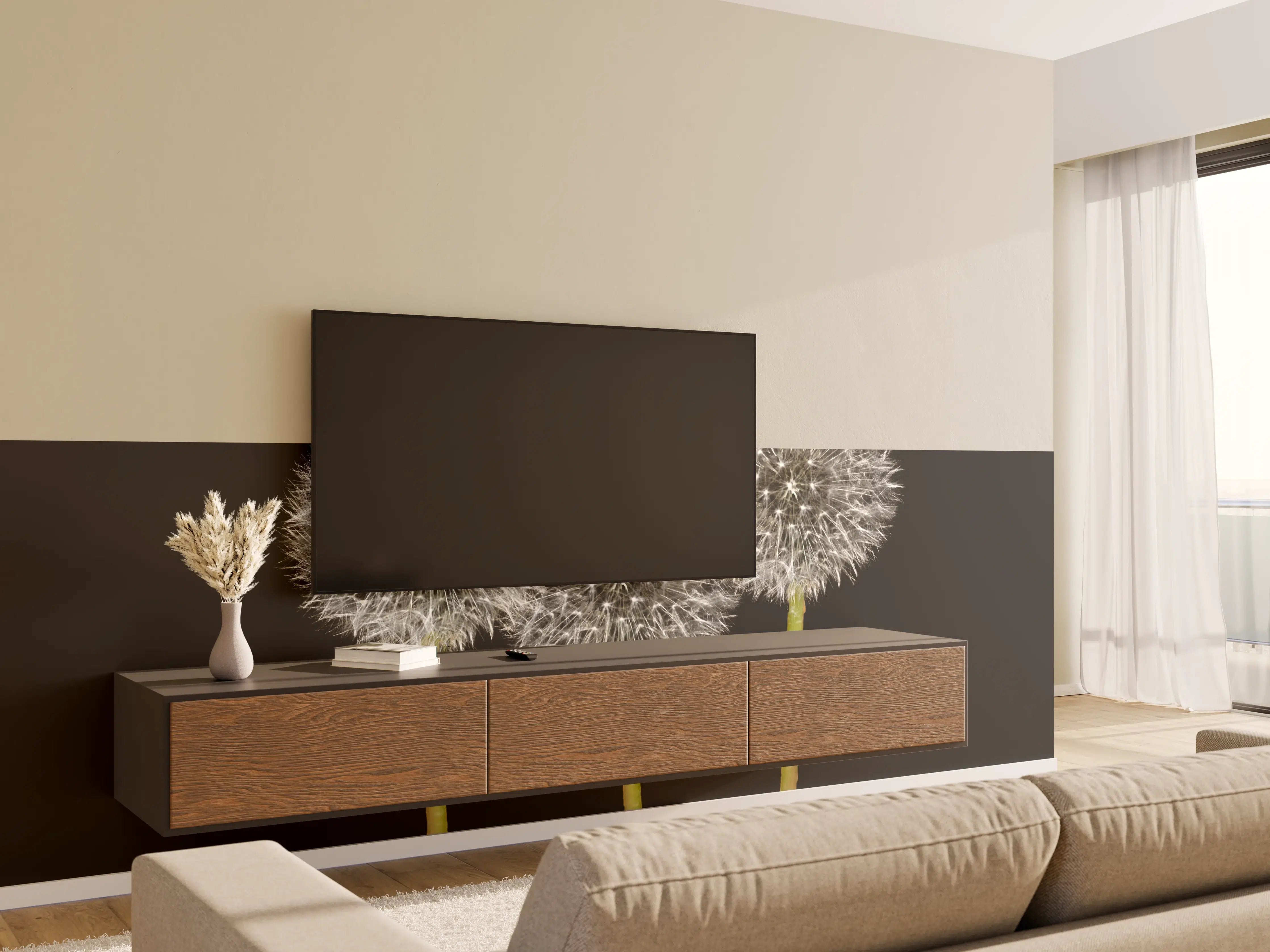 Wandverkleidung Wohnzimmer - Weiße Pusteblumen auf Schwarz