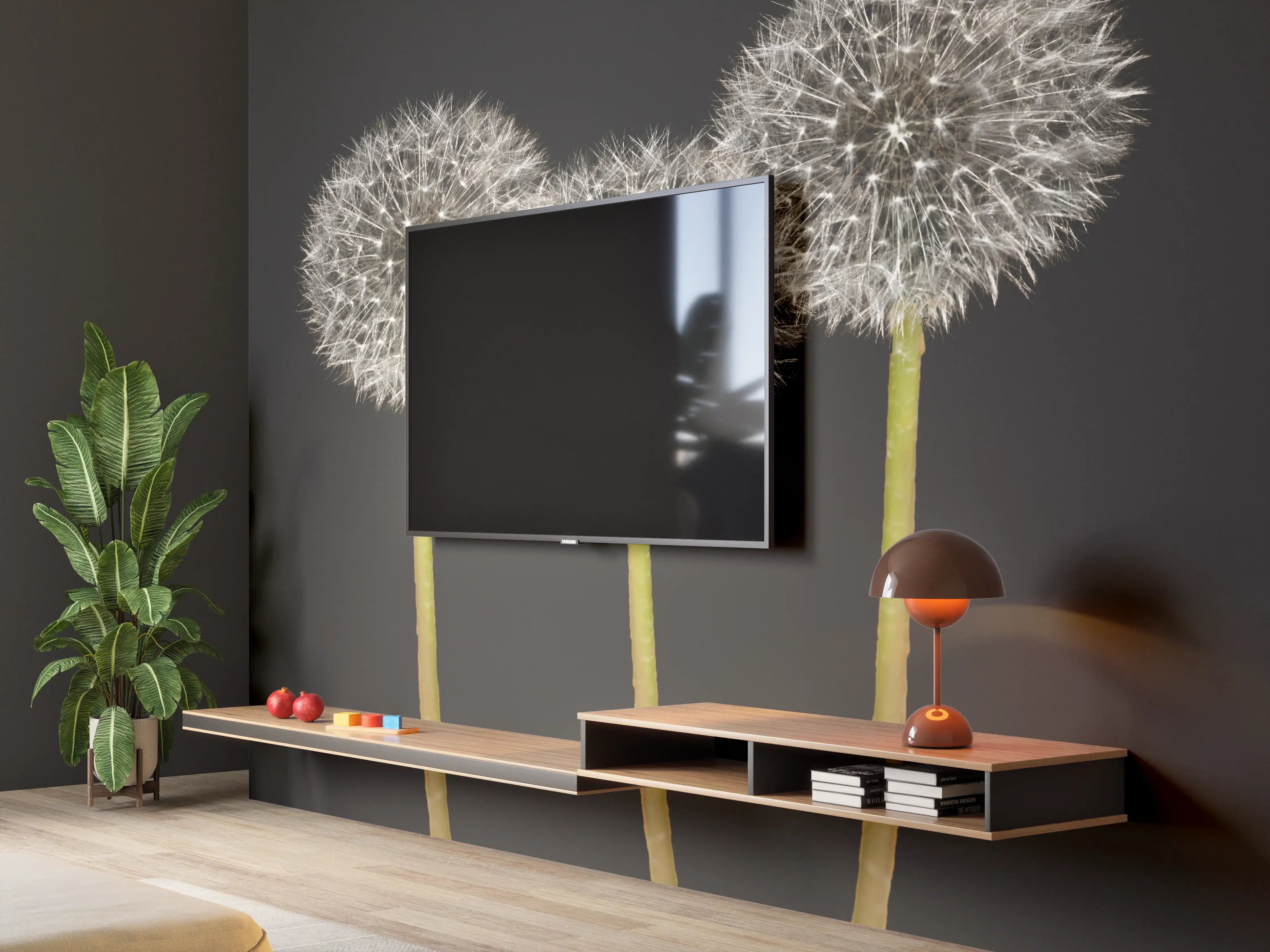 Wandverkleidung Wohnzimmer - Weiße Pusteblumen auf Schwarz