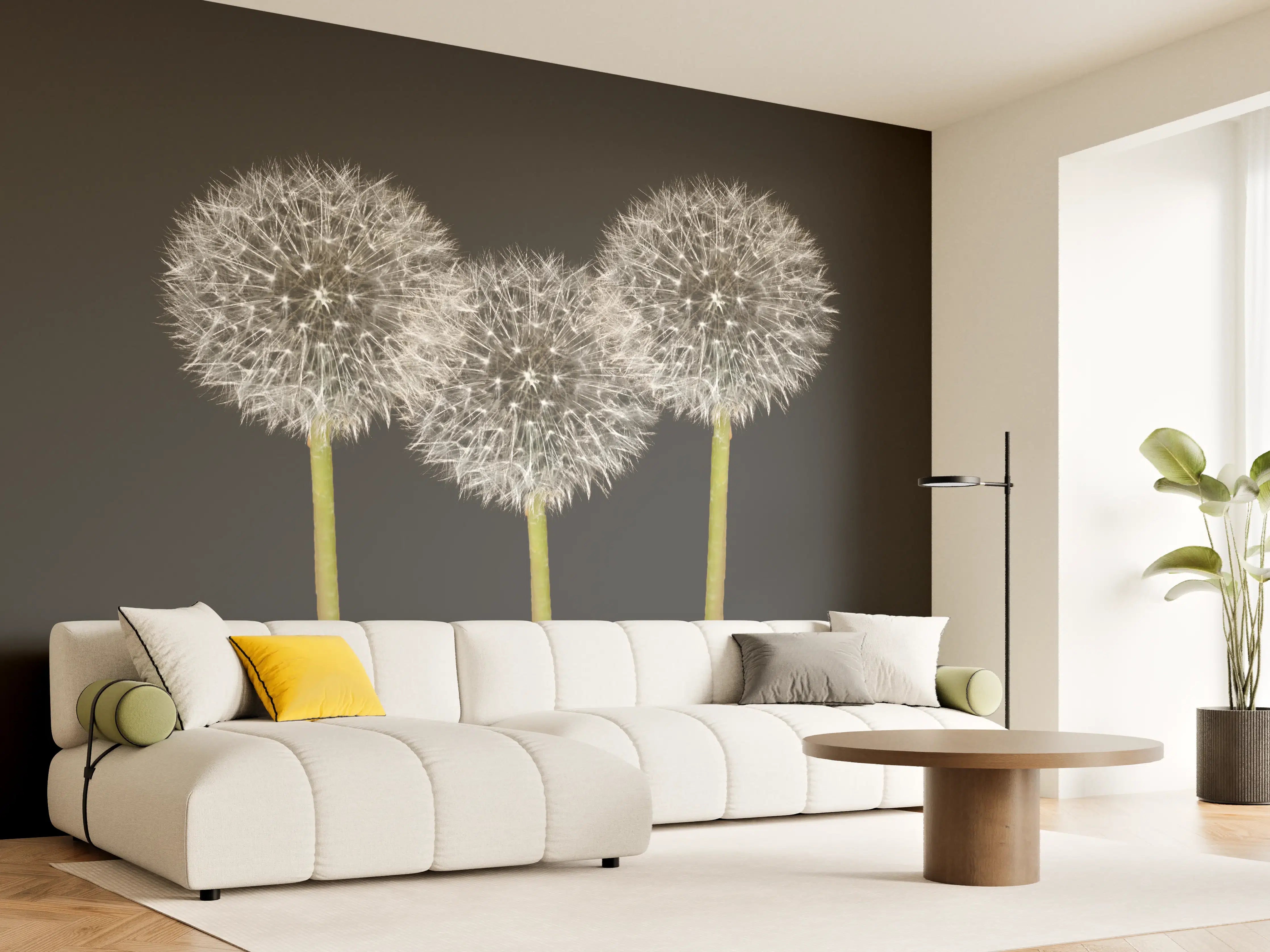 Wandverkleidung Wohnzimmer - Weiße Pusteblumen auf Schwarz