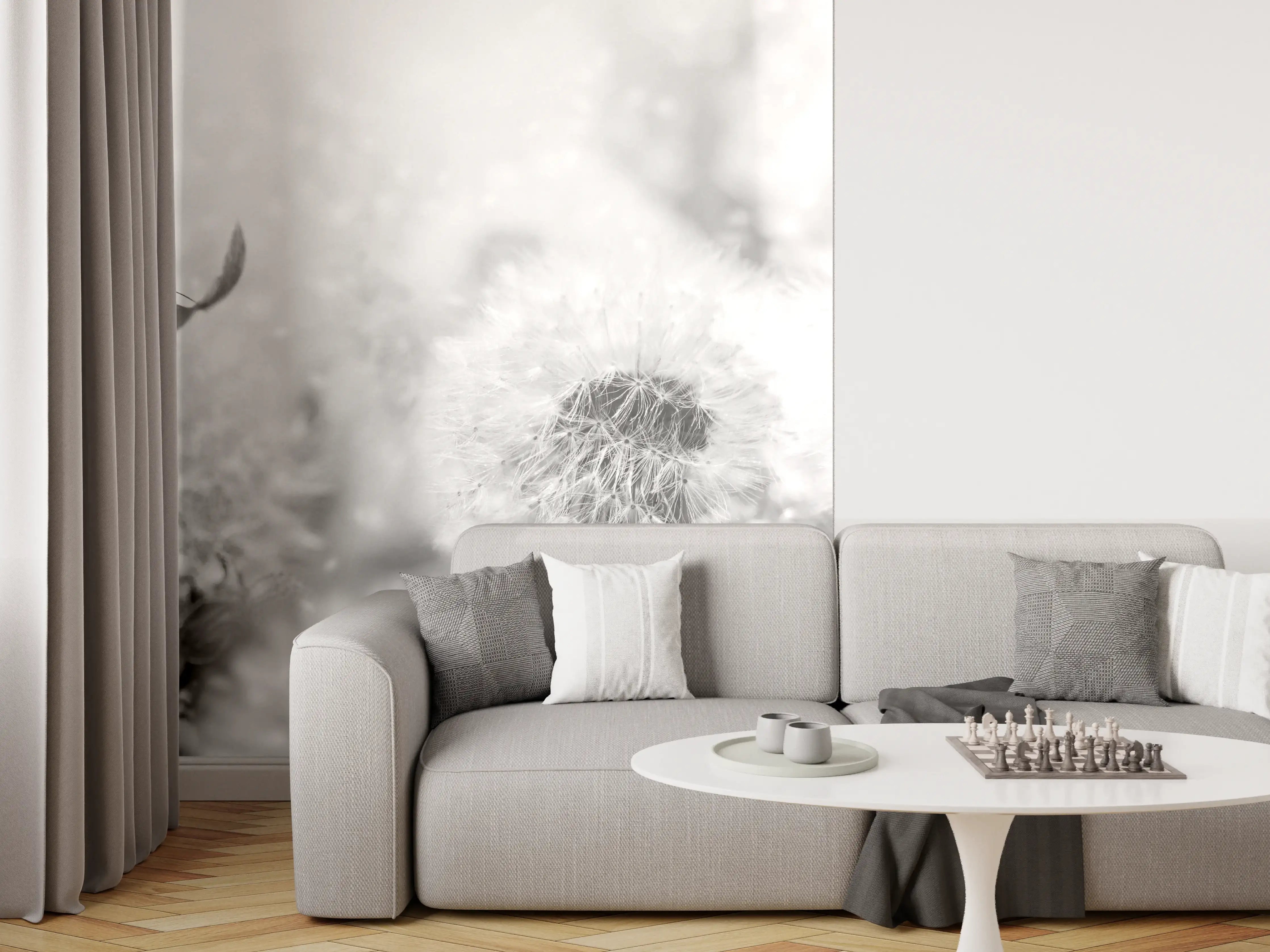 Wandverkleidung Wohnzimmer - Weiße Pusteblumen mit Schmetterling