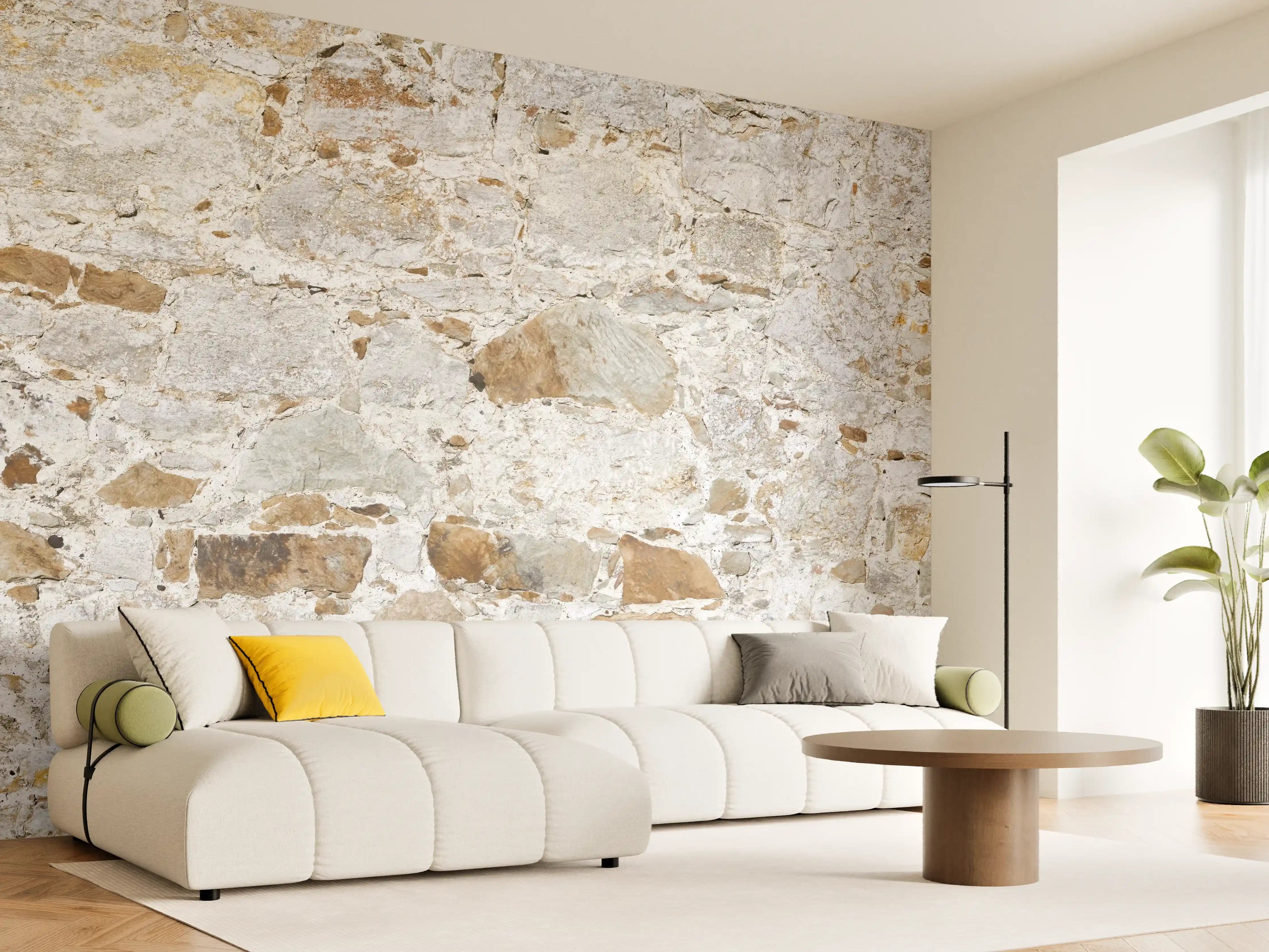 Wandverkleidung Wohnzimmer - Weiße Steinmauer mit grauer Textur