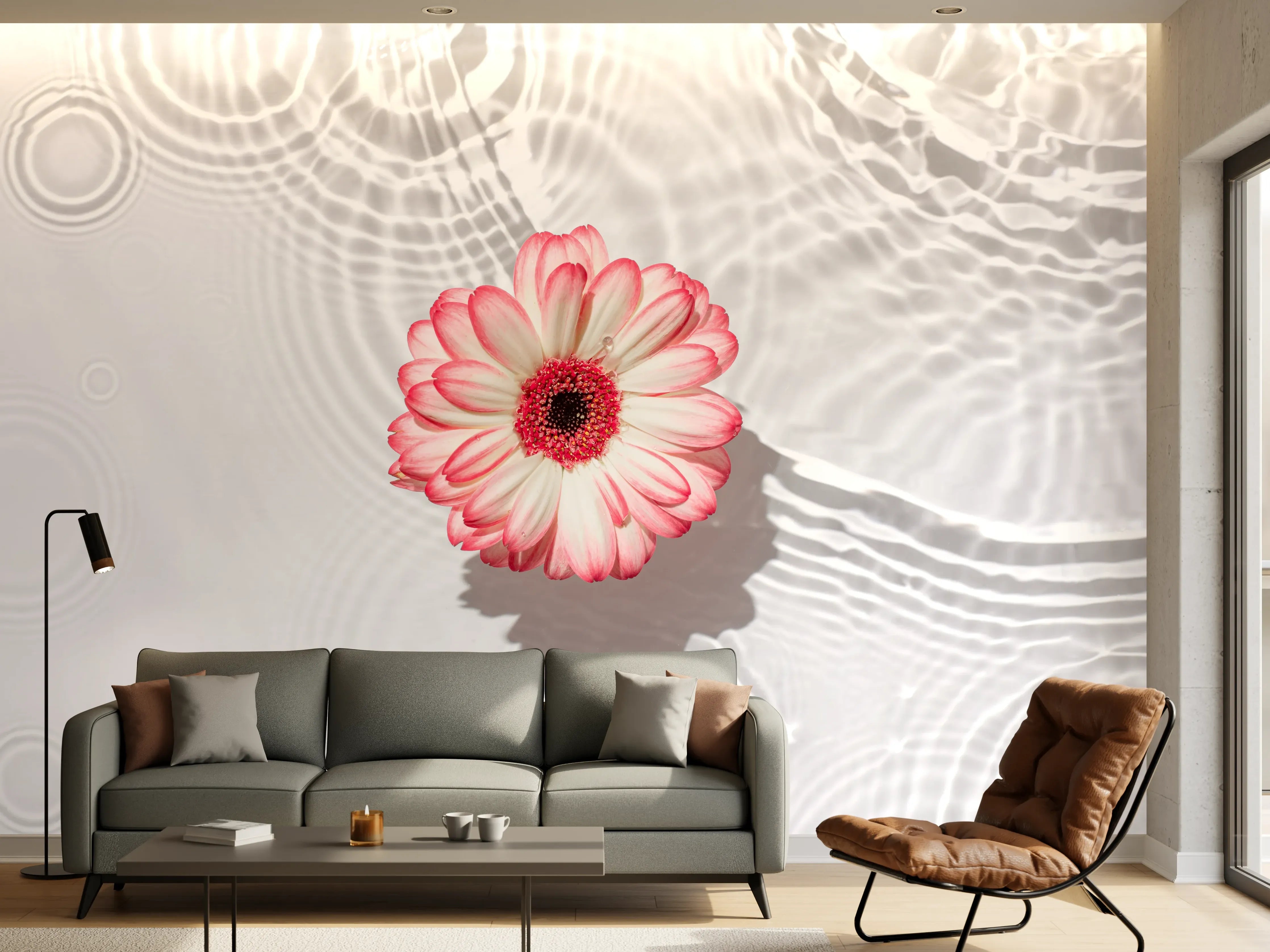 Wandverkleidung Wohnzimmer - Weiße Wasserblume in Rosa