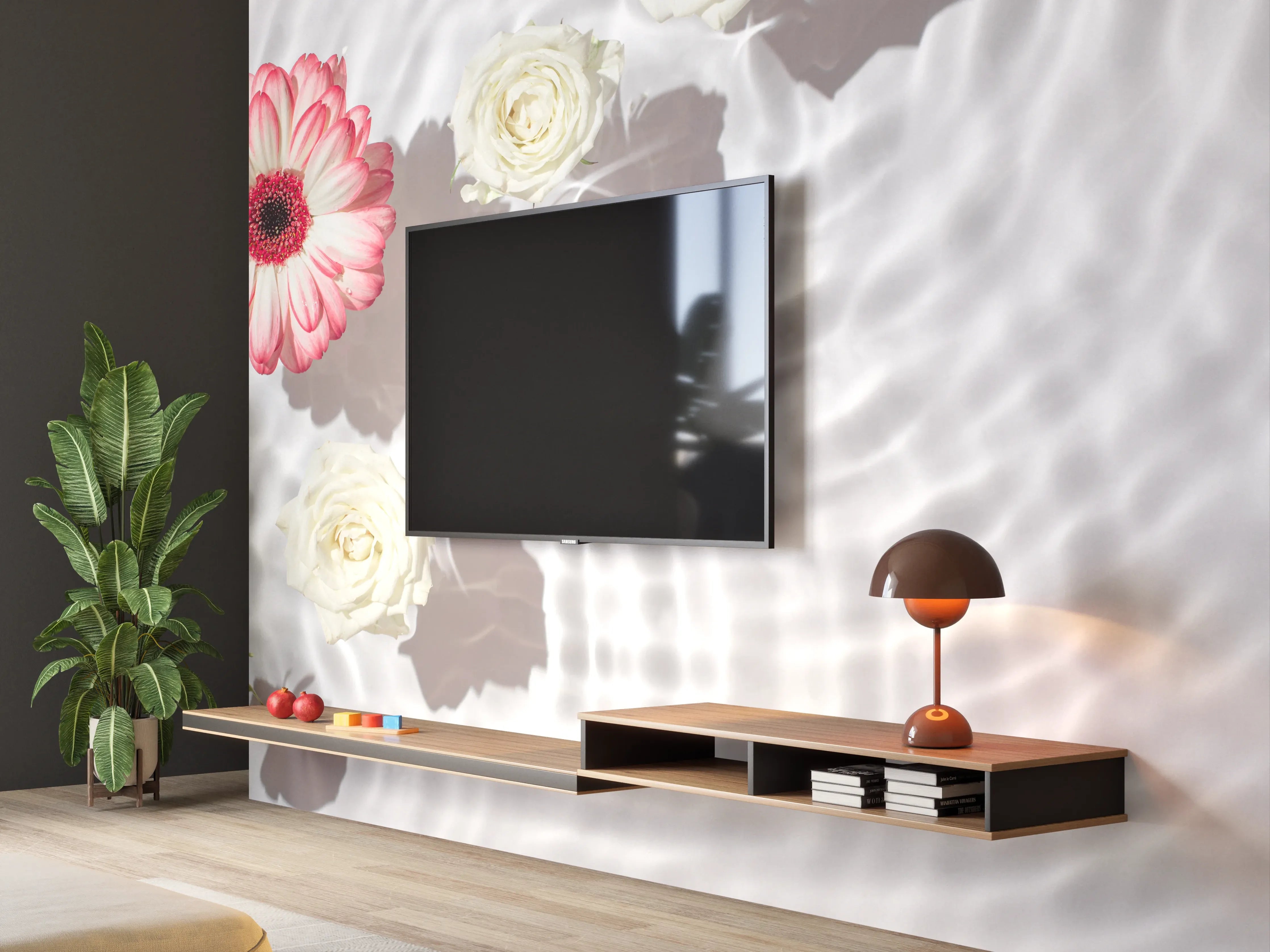 Wandverkleidung Wohnzimmer - Weiße Wasserblumen mit Rosa-Akzent