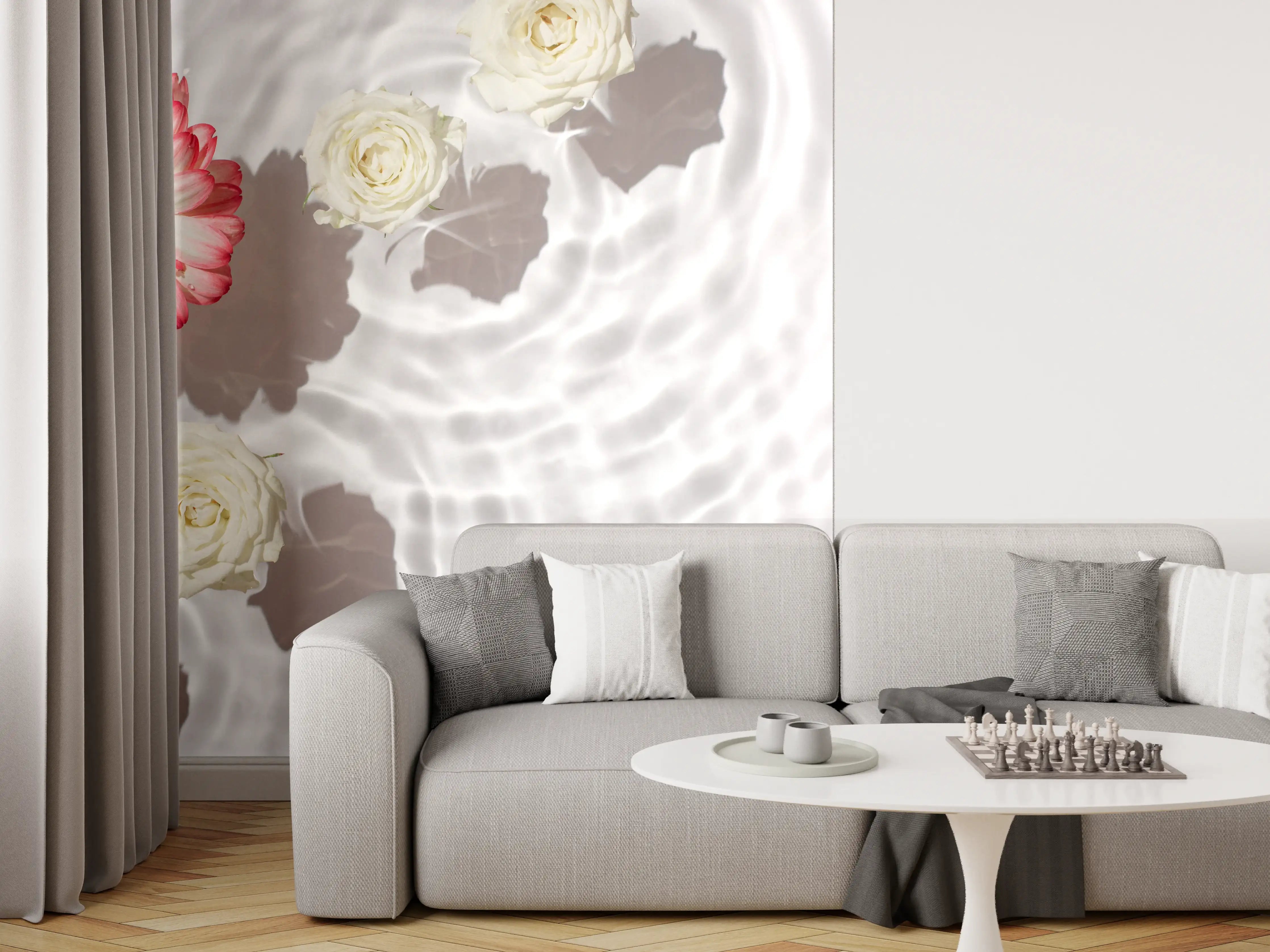 Wandverkleidung Wohnzimmer - Weiße Wasserblumen mit Rosa-Akzent