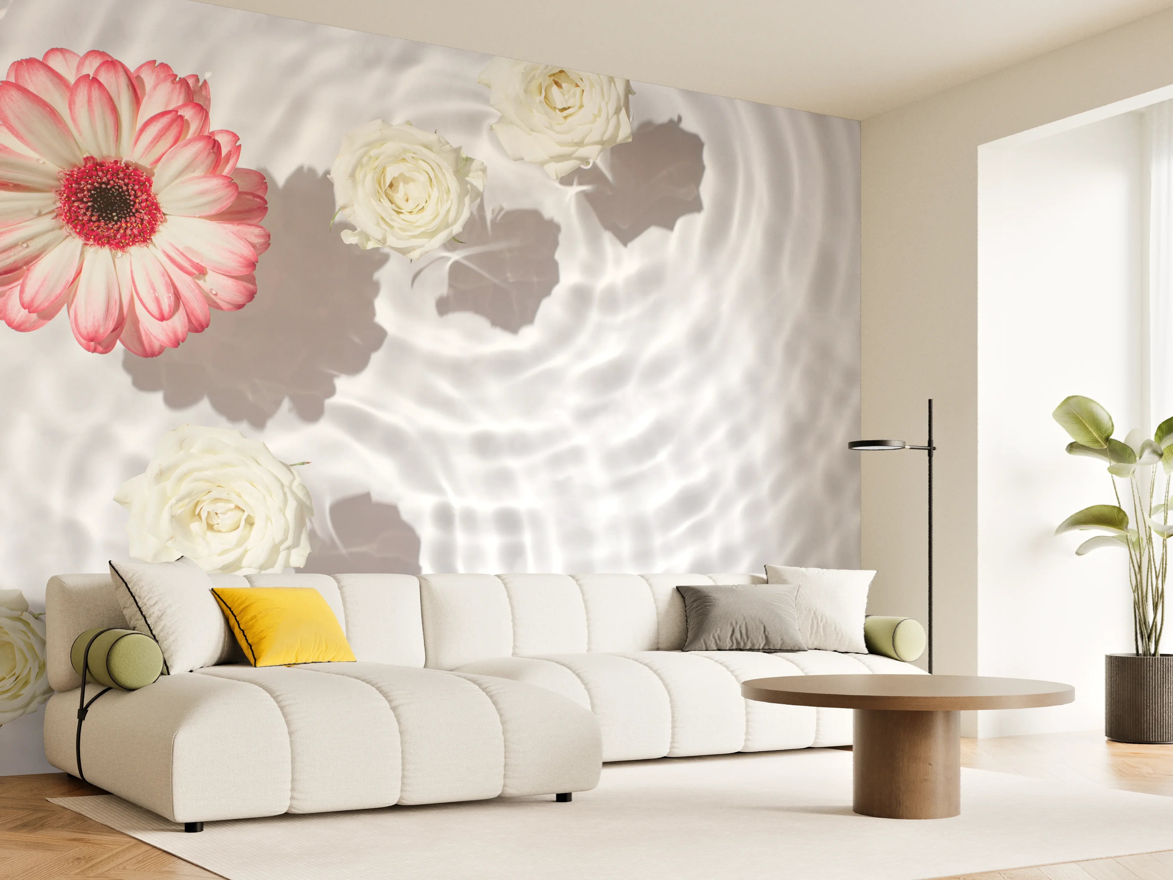 Wandverkleidung Wohnzimmer - Weiße Wasserblumen mit Rosa-Akzent