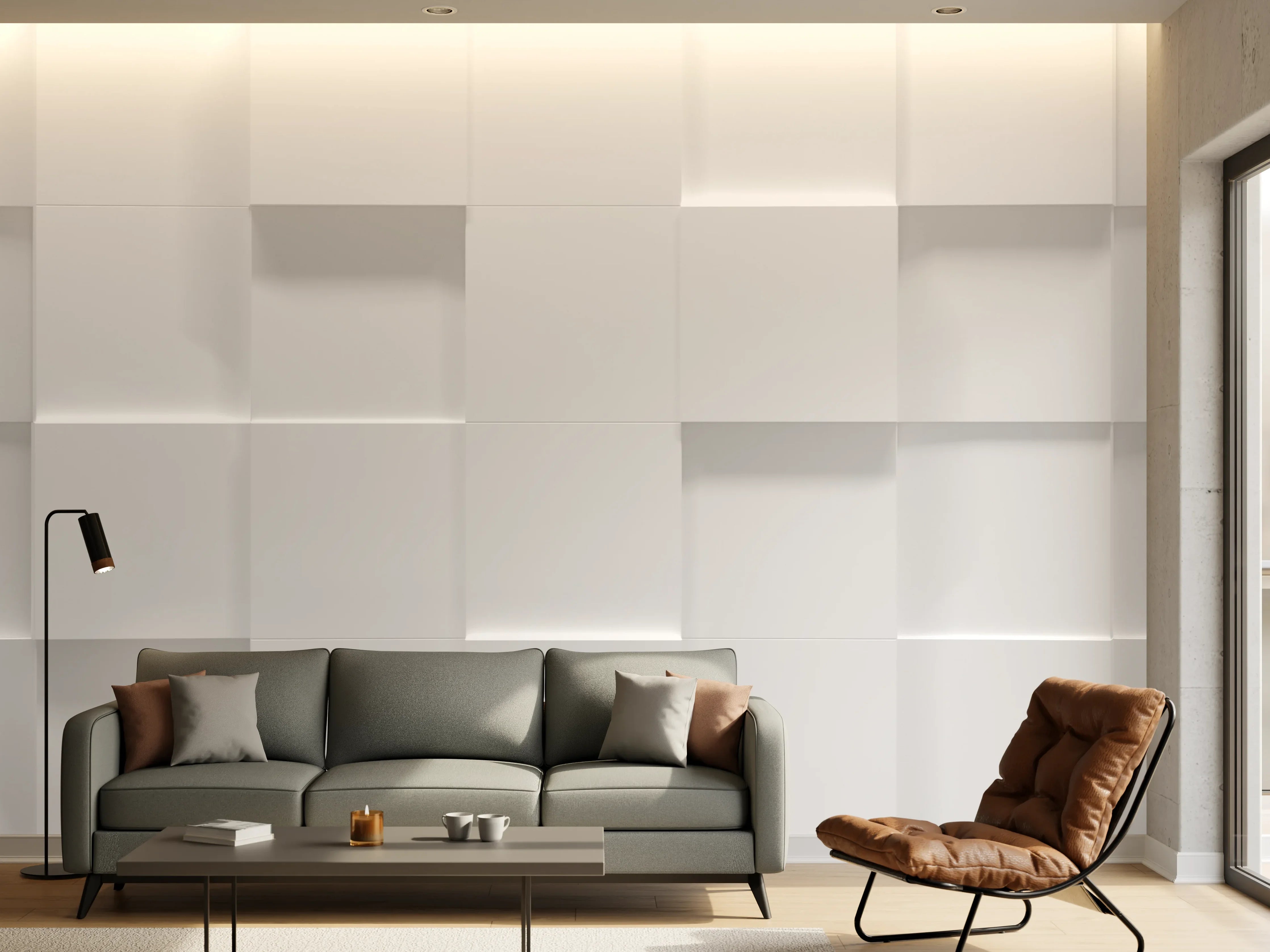 Wandverkleidung Wohnzimmer - Weiße Würfelstruktur 3D-Illustration