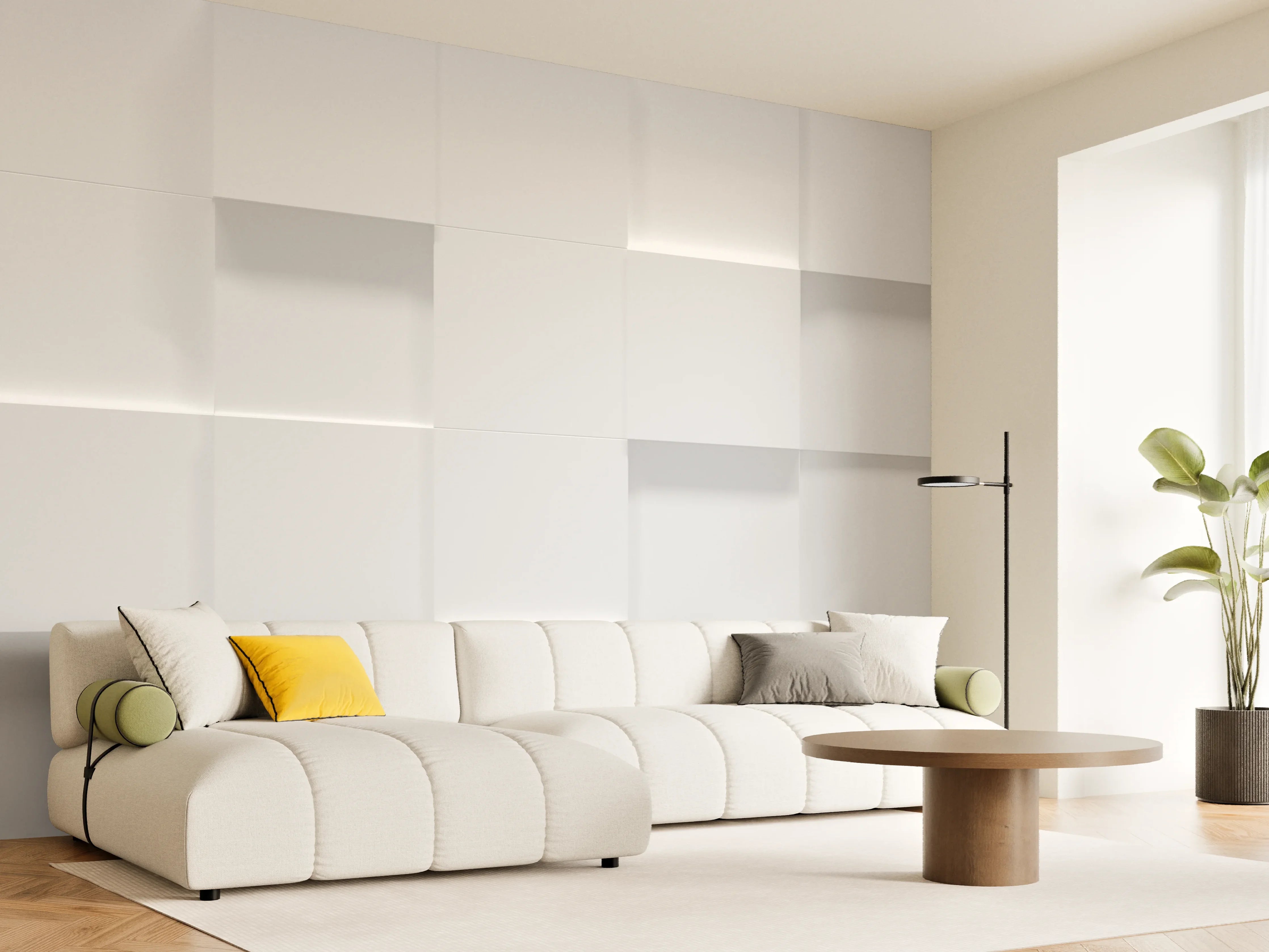 Wandverkleidung Wohnzimmer - Weiße Würfelstruktur 3D-Illustration