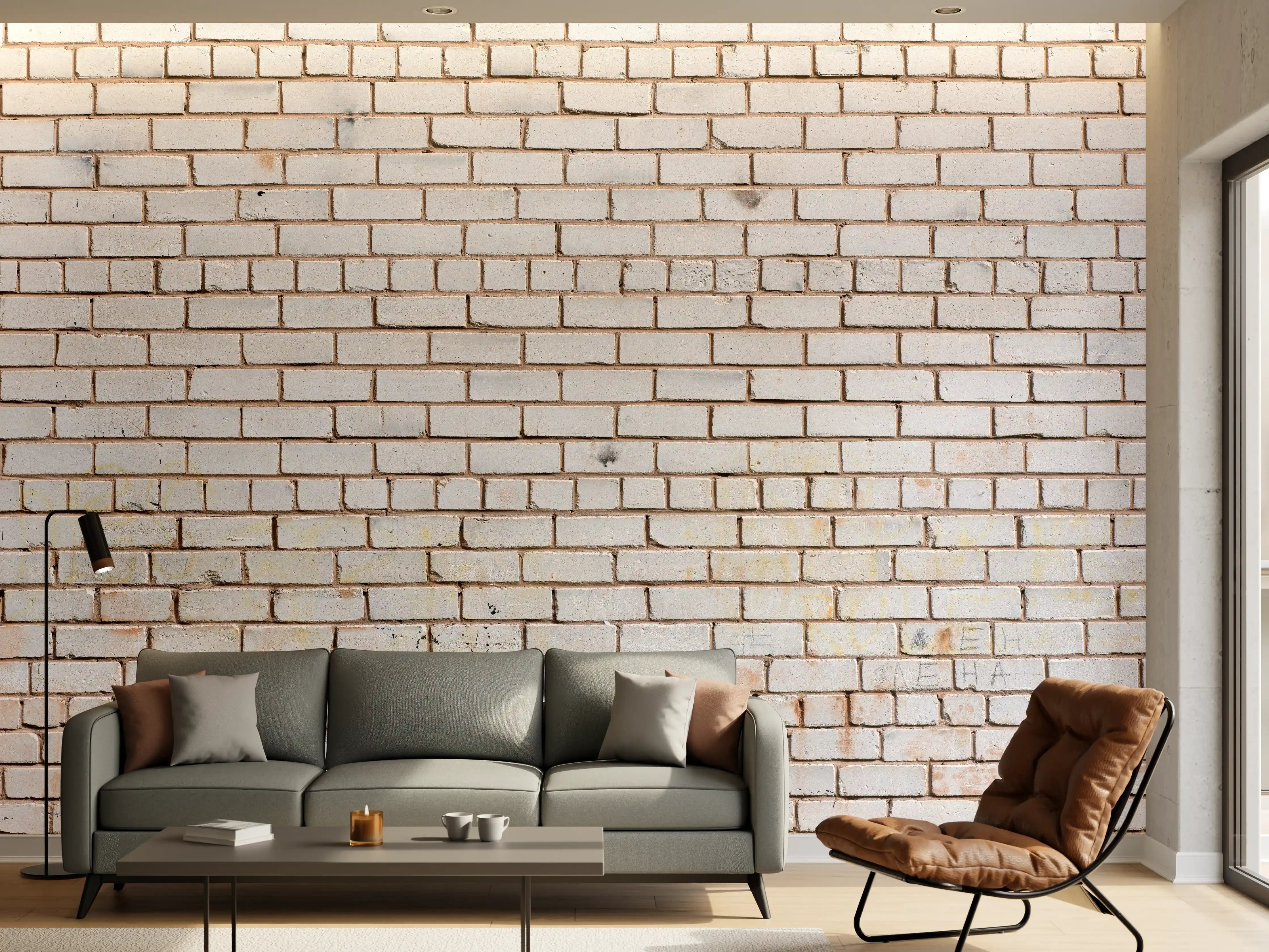 Wandverkleidung Wohnzimmer - Weiße Ziegelwand mit zarten Grautönen - realistische Textur