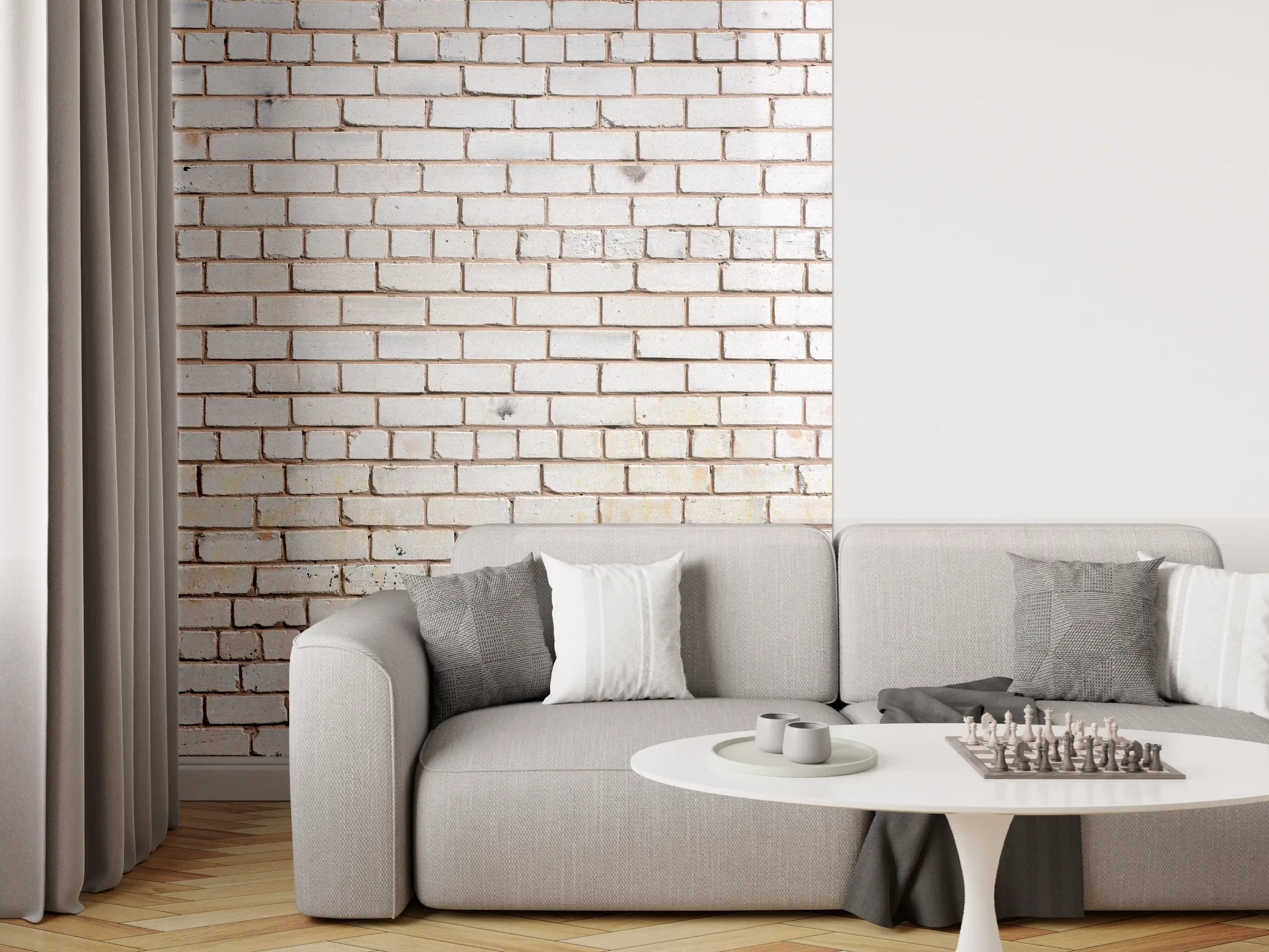 Wandverkleidung Wohnzimmer - Weiße Ziegelwand mit zarten Grautönen - realistische Textur
